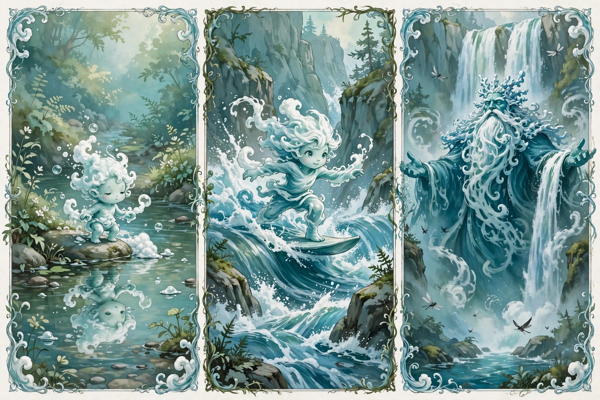 AI-generated triptych art of the whitewater rapids spirit at three life stages: tiny foam wisp, young rapid surfer, and mighty elder at a waterfall