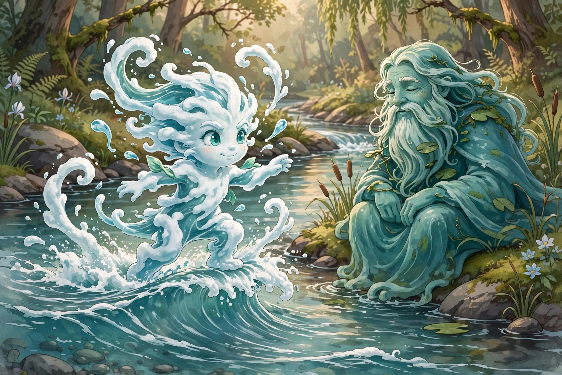 AI-generated art of a young whitewater rapids spirit practicing on a gentle standing wave while an elder river spirit watches
