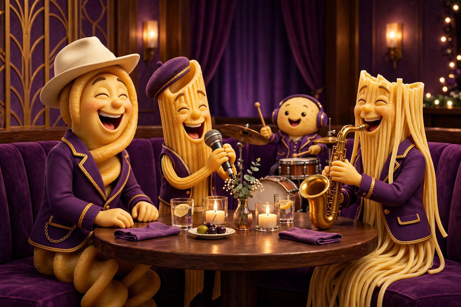 Whole Wheat Willie with a group of cartoon pasta friends at a jazz-club table