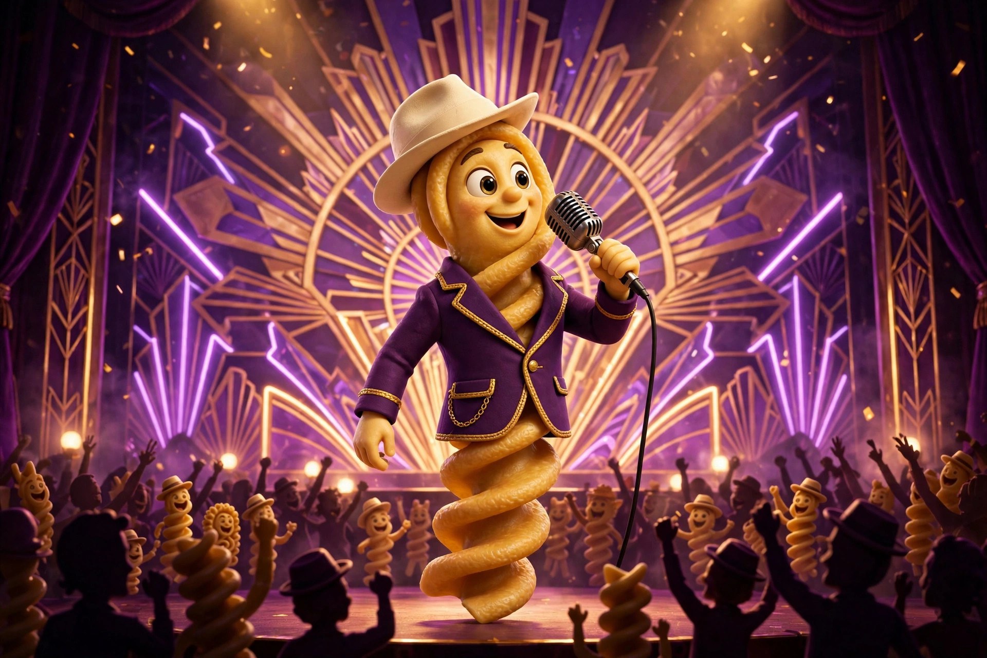 Whole Wheat Willie performing on a Harlem jazz-club stage under purple and gold lights