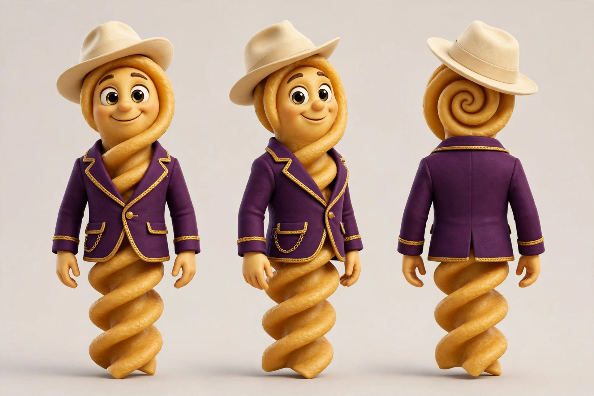 Full-body character reference of Whole Wheat Willie: a golden-brown fusilli spiral in a purple zoot jacket and cream fedora