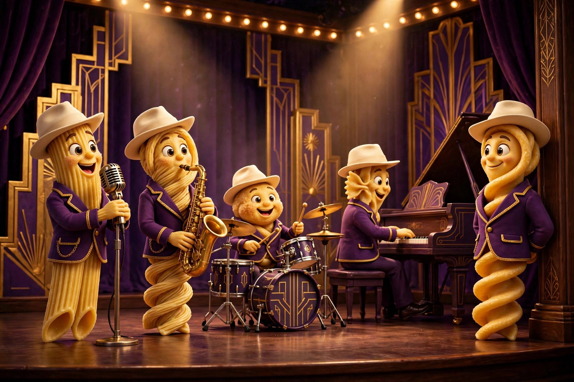 A jazz band of cartoon pasta musicians on a club stage