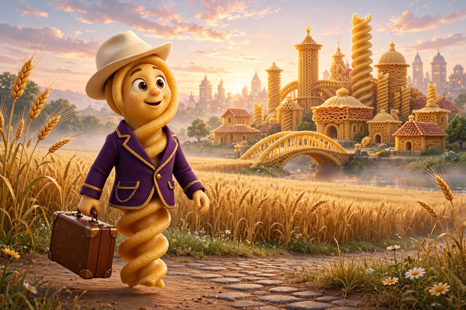 A young Whole Wheat Willie arriving in the pasta city of Al Dente at dawn with a suitcase