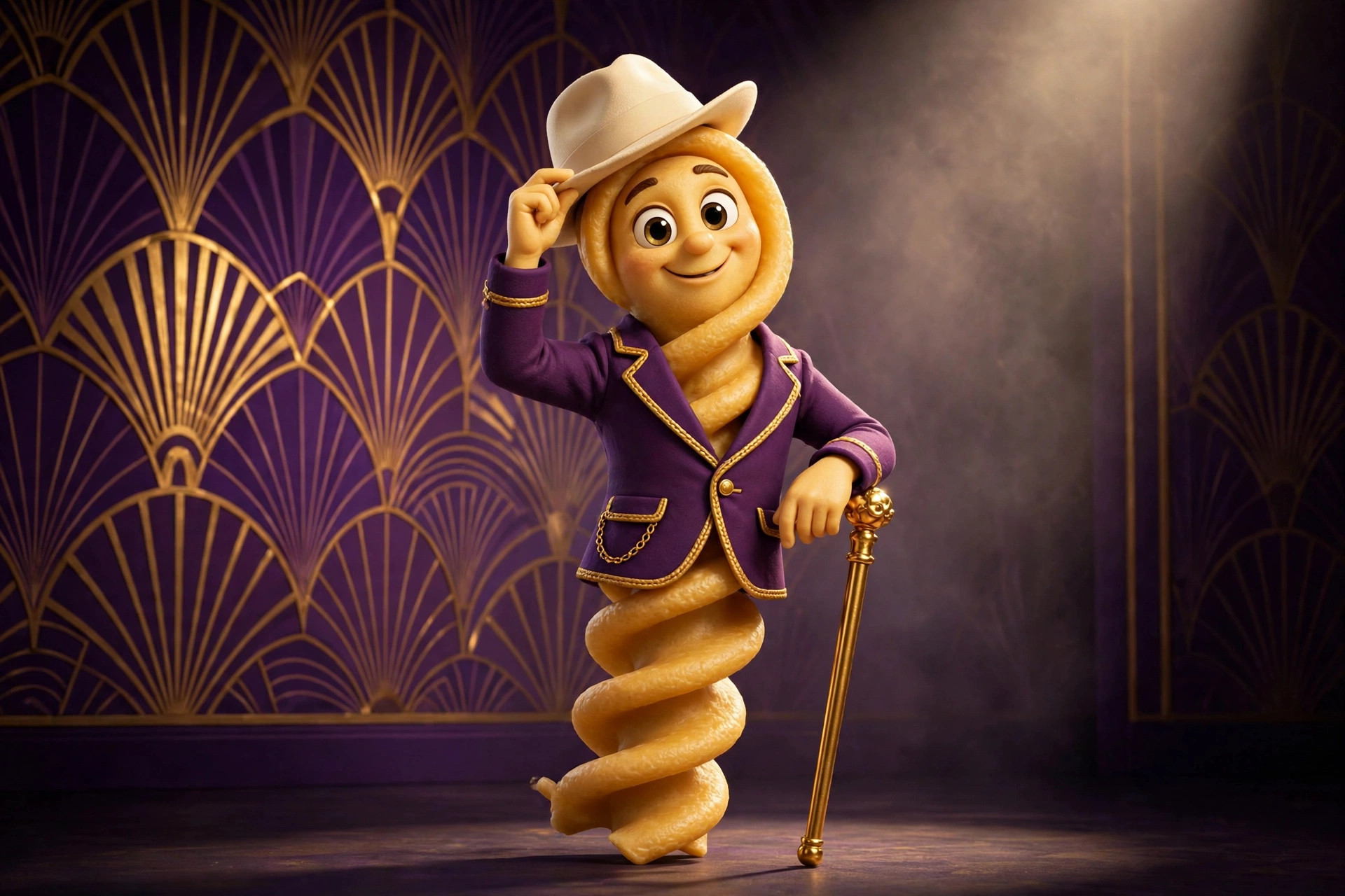 Whole Wheat Willie leaning on a gold-topped cane and tipping his fedora before an art-deco wall