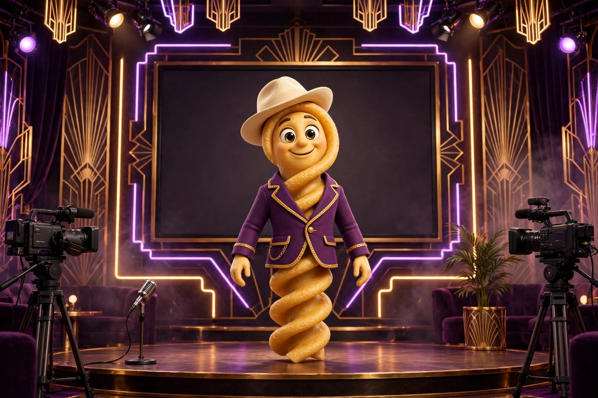 Whole Wheat Willie on a neon-lit stage built for streaming, purple and gold