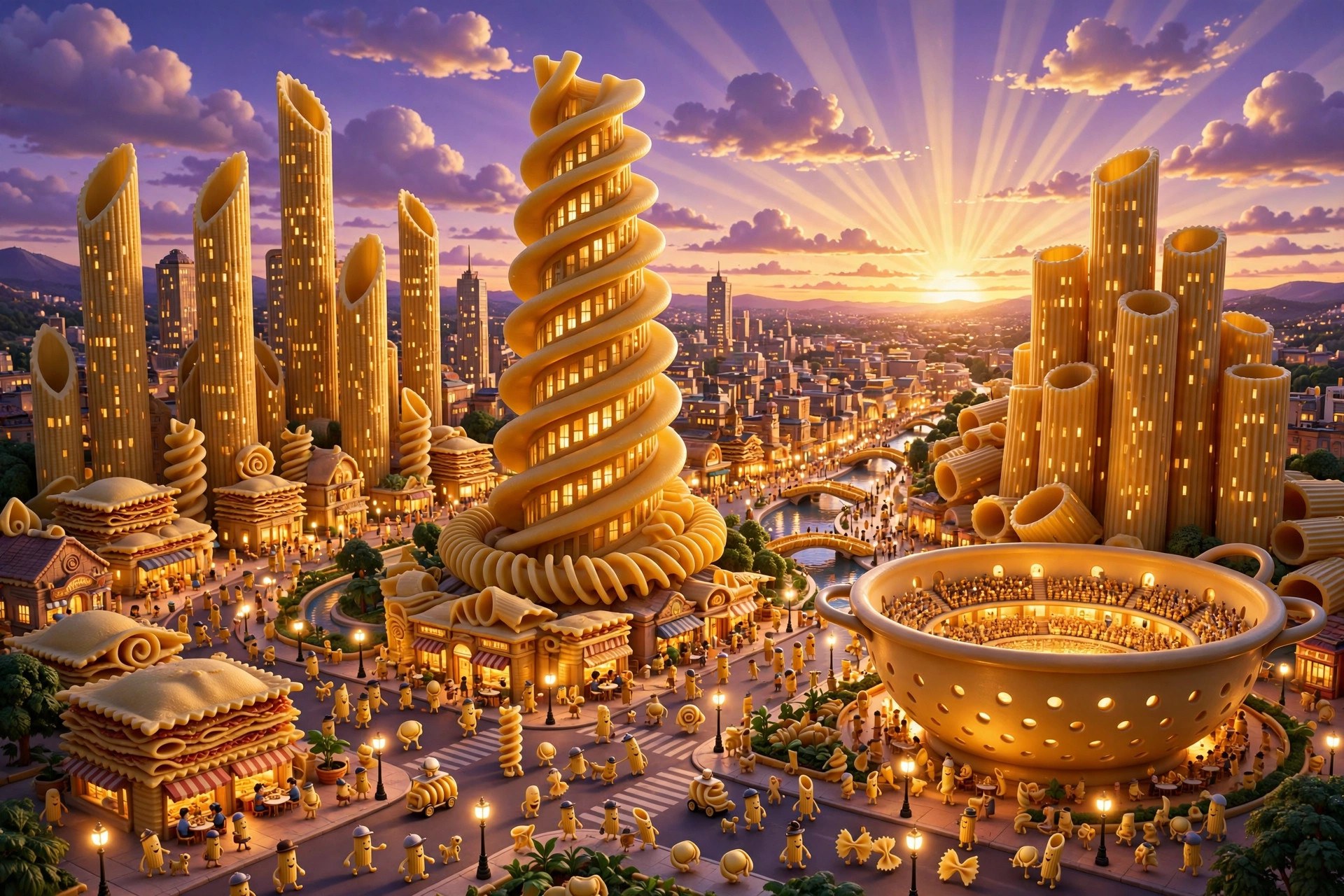 The cartoon pasta city of Al Dente at dusk, with penne and fusilli skyscrapers