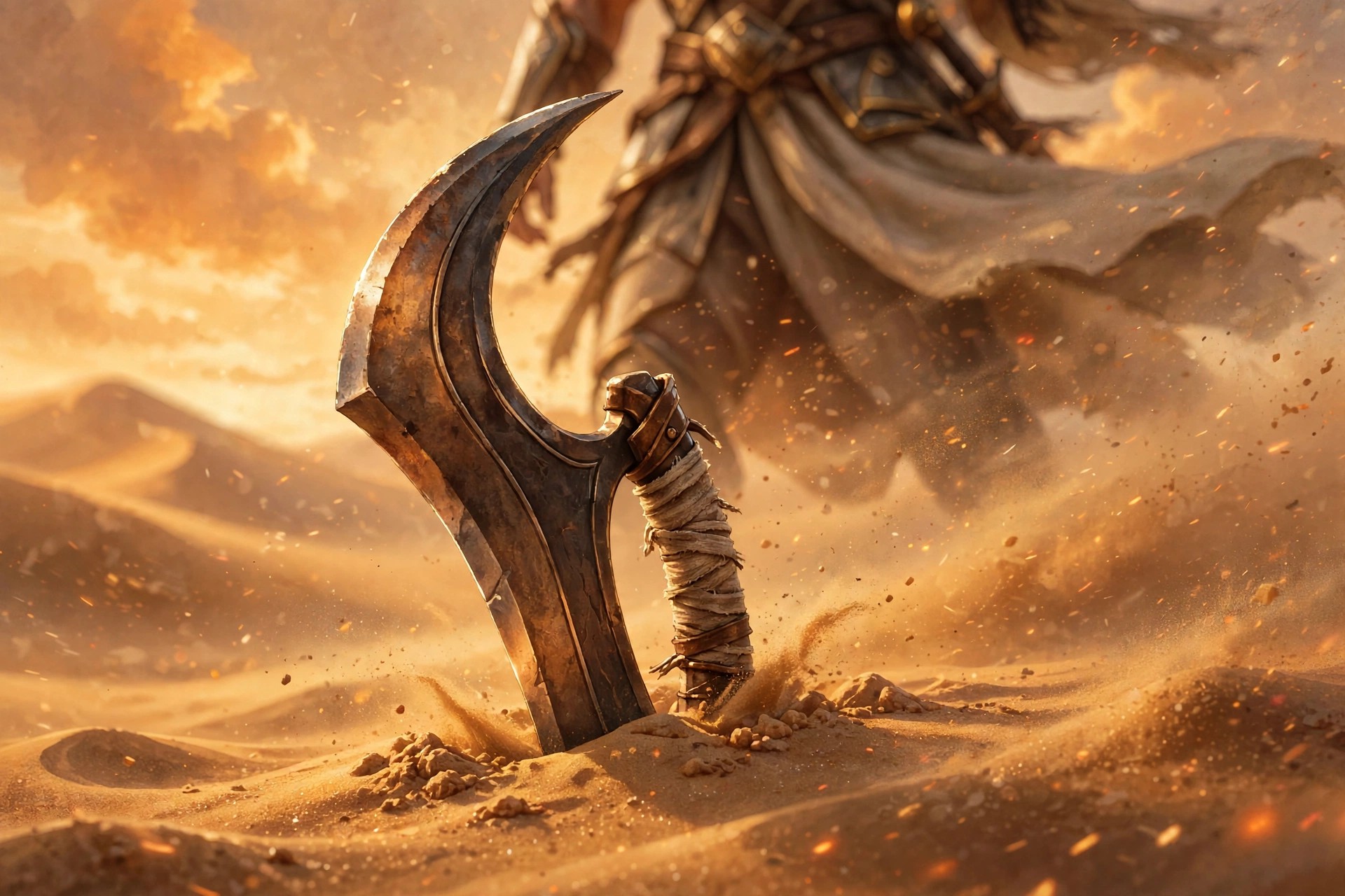 Close view of the fictional warrior's curved blade planted in dune sand at sunset