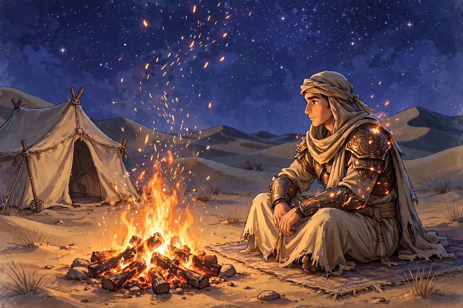 The animated desert-warrior resting beside a campfire under a star-filled night sky