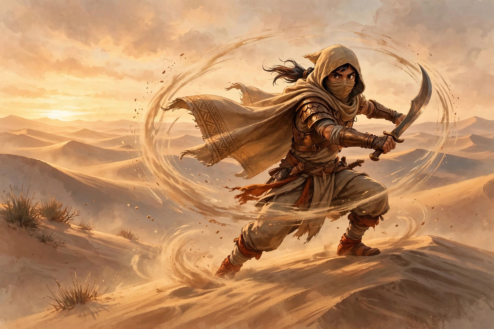 The animated desert-warrior practicing curved-blade forms on a dune ridge at dawn