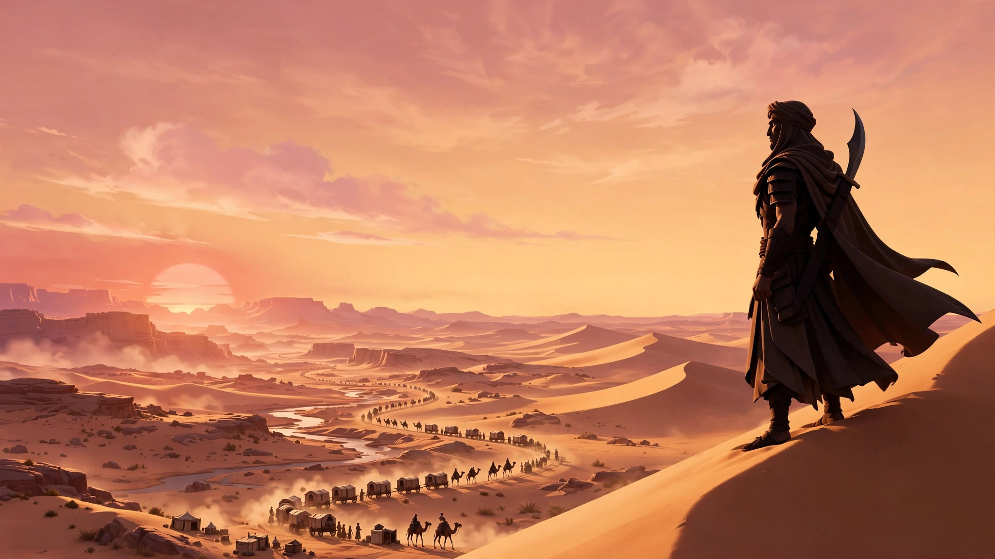 Wide banner: the animated desert-warrior character watching a caravan cross a dune sea at sunset