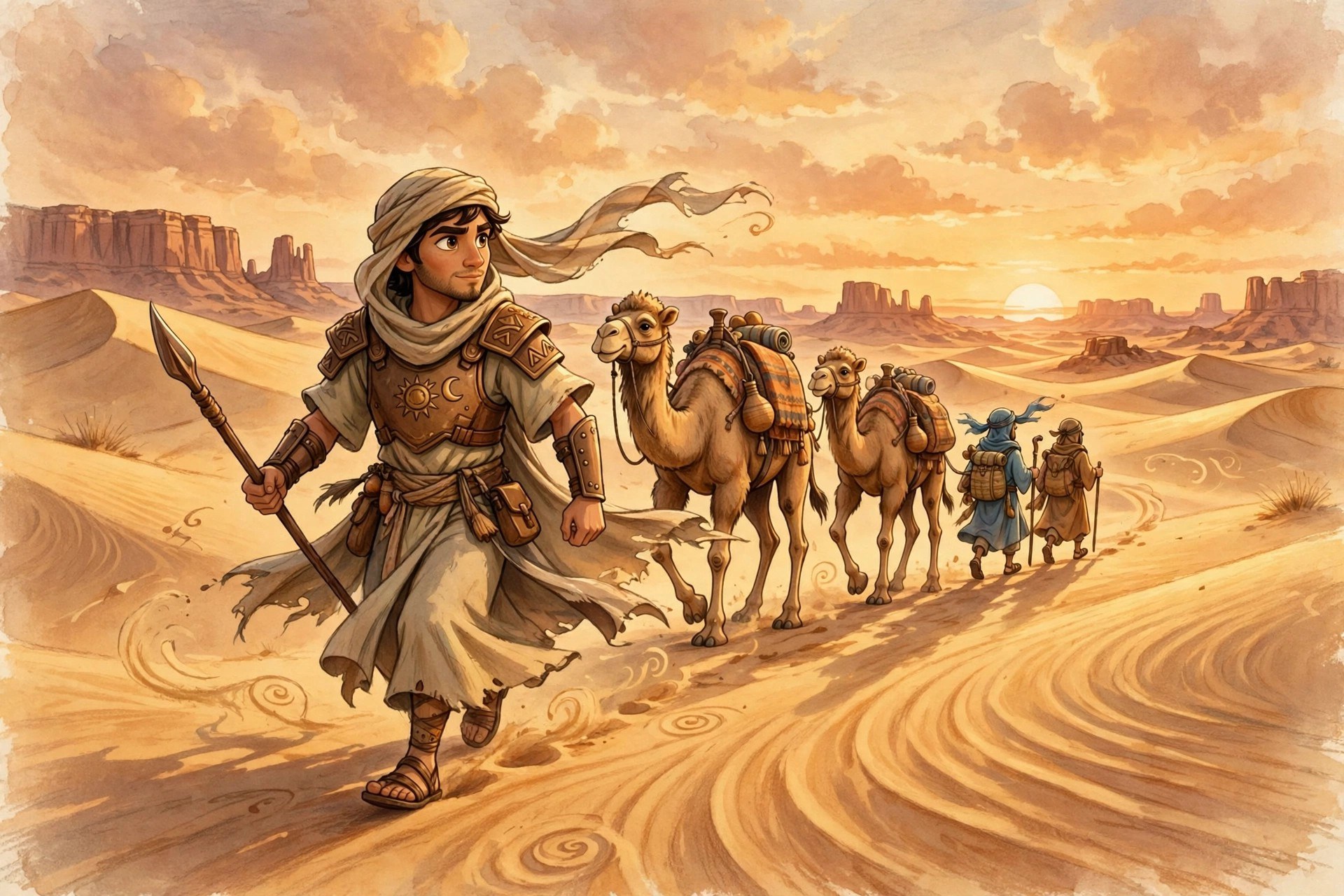 The animated desert-warrior leading a caravan of camels across golden dunes at sunset