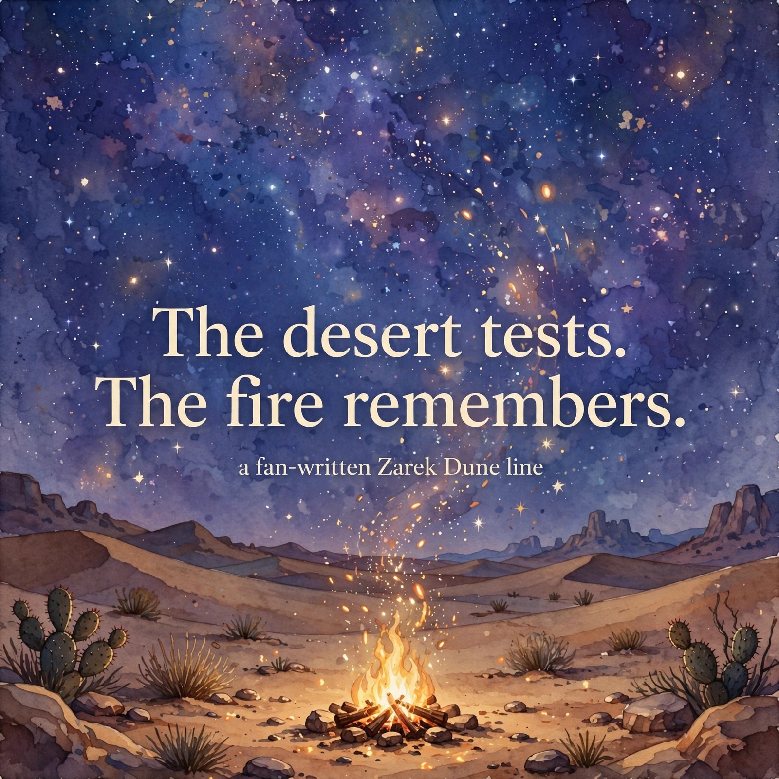 Quote card reading 'The desert tests. The fire remembers.' over a painted night-desert campfire scene
