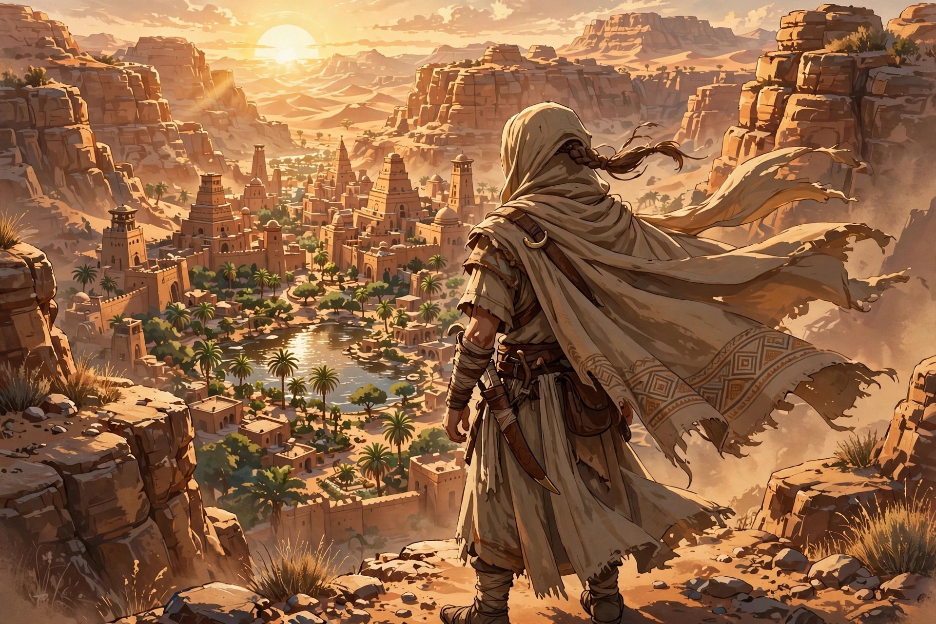 The animated desert-warrior seen from behind on a cliff edge overlooking a hidden canyon oasis city at golden hour