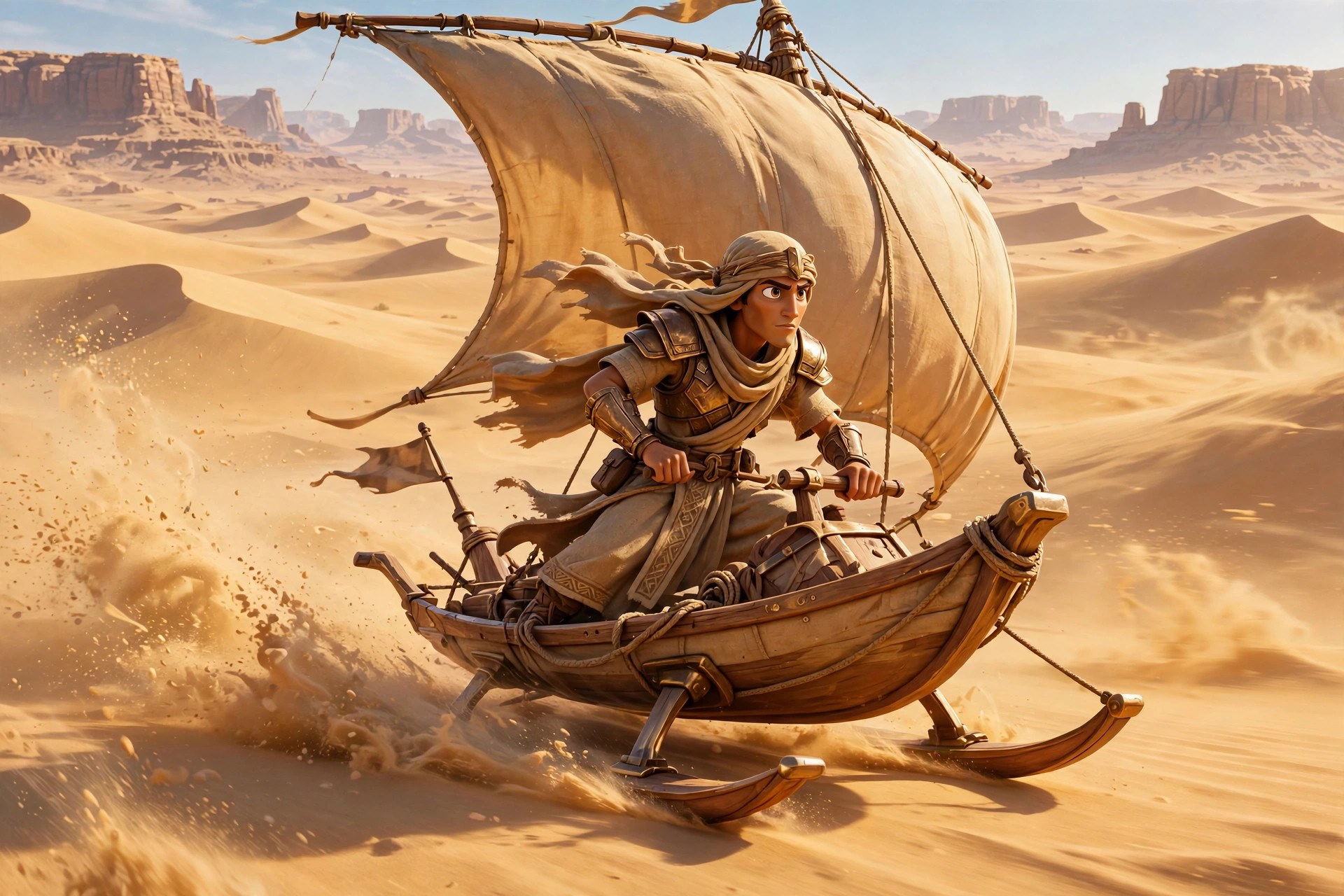 The animated desert-warrior crossing a vast dune sea with a distant caravan