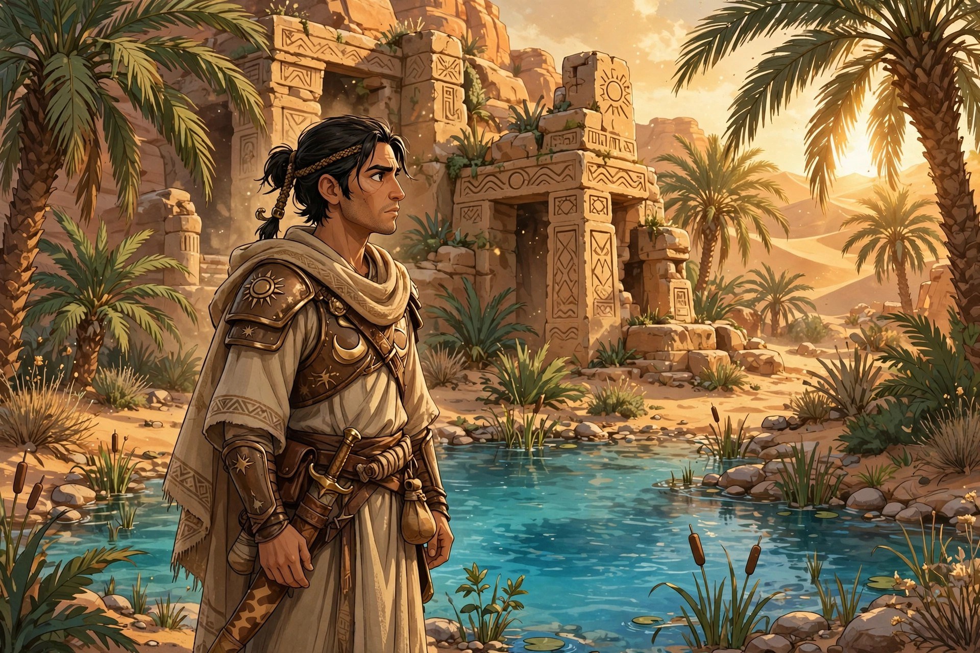 The animated desert-warrior standing watch beside a palm-fringed oasis spring at golden hour