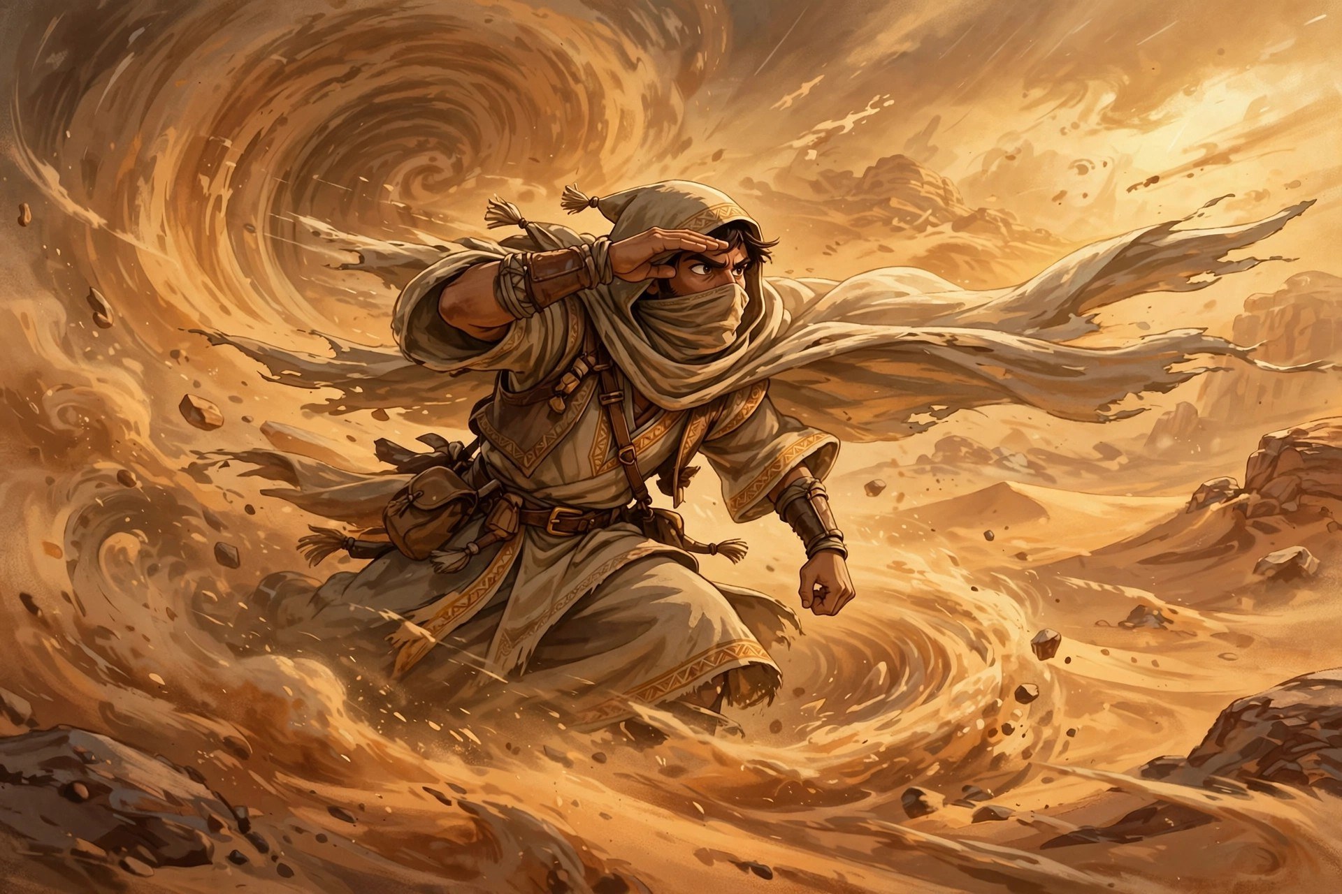The animated desert-warrior leaning into a great sandstorm, cloak streaming