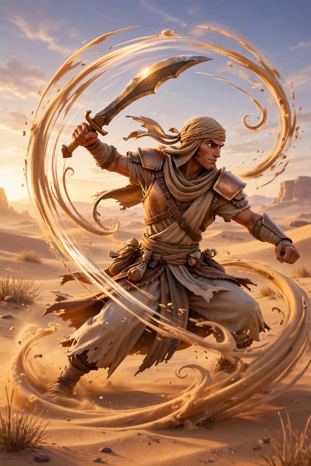 The animated desert-warrior demonstrating blade forms at dawn, sand swirling around each stroke