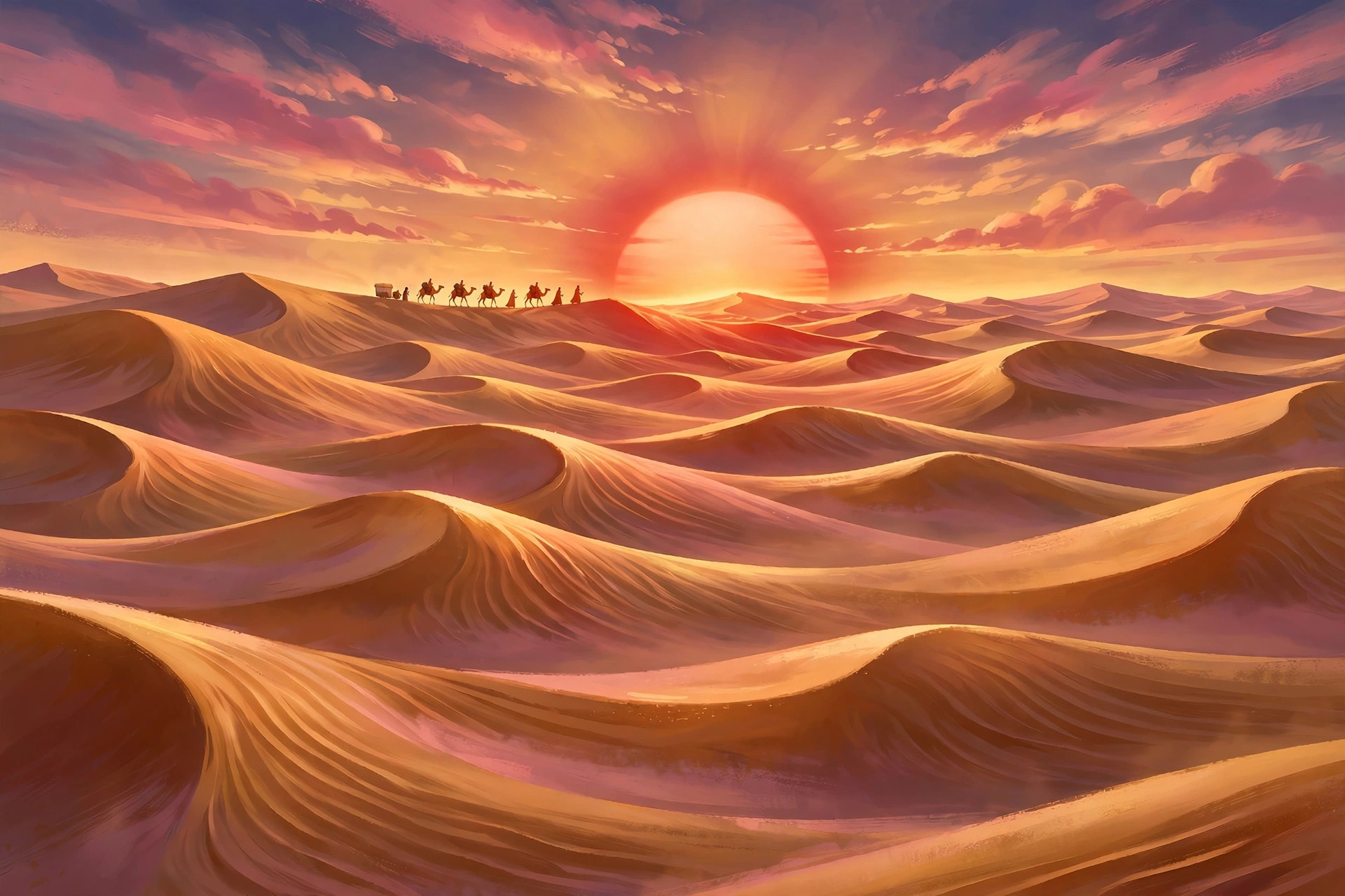 A vast desert dune sea at sunset with a tiny caravan crossing the ridgeline