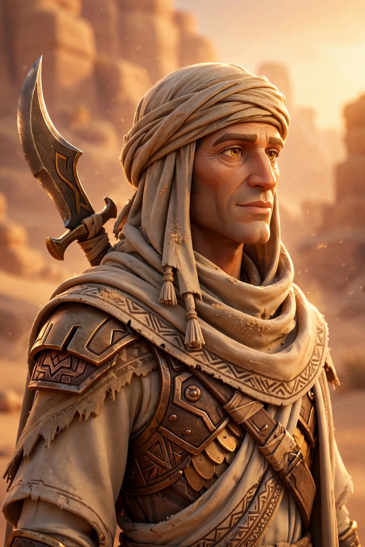 Portrait of Zarek Dune, a fictional animated desert-warrior in sand-colored nomad robes and sun-bronzed armor