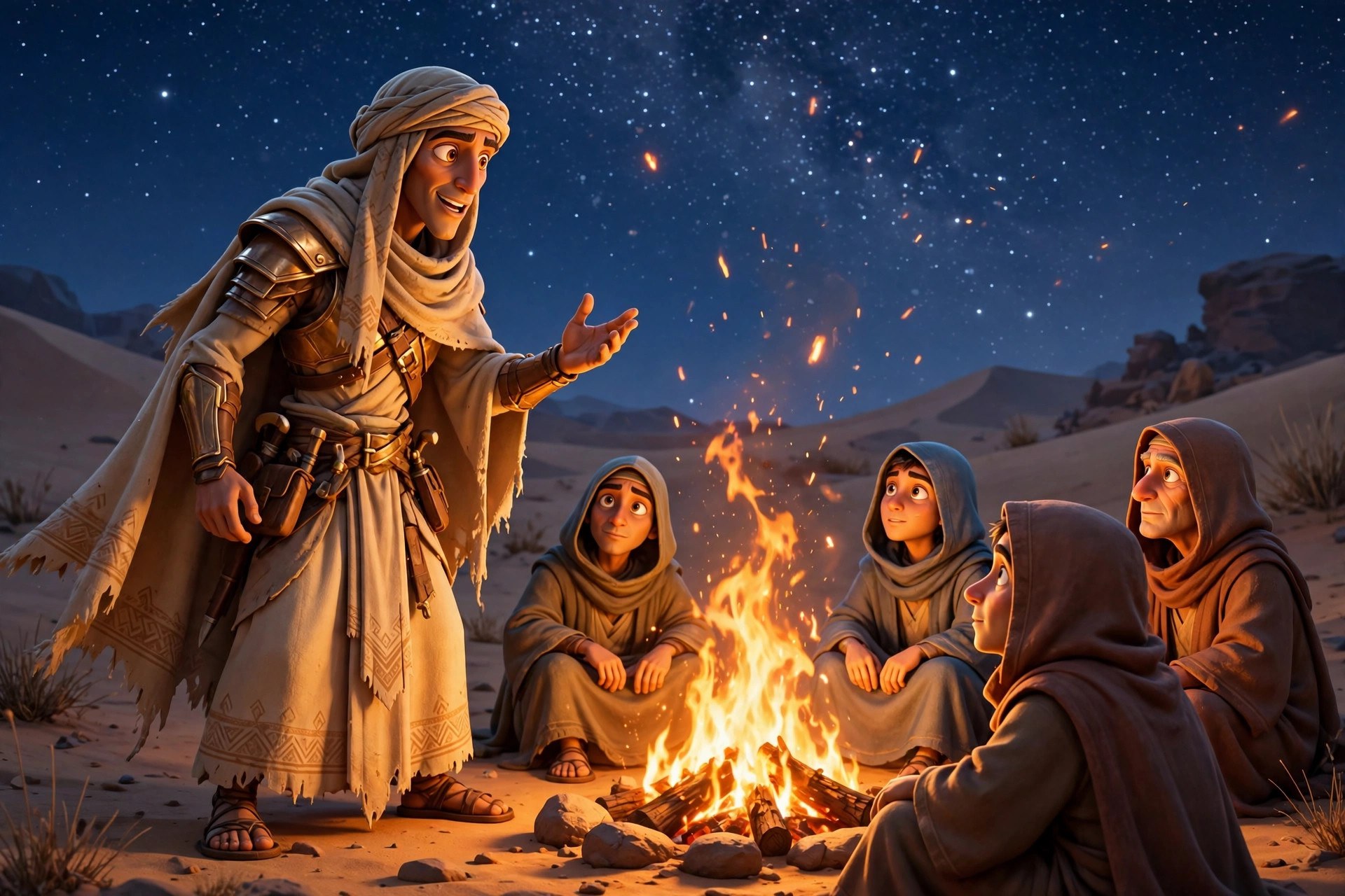 The animated desert-warrior telling stories around a night campfire under a star-filled sky