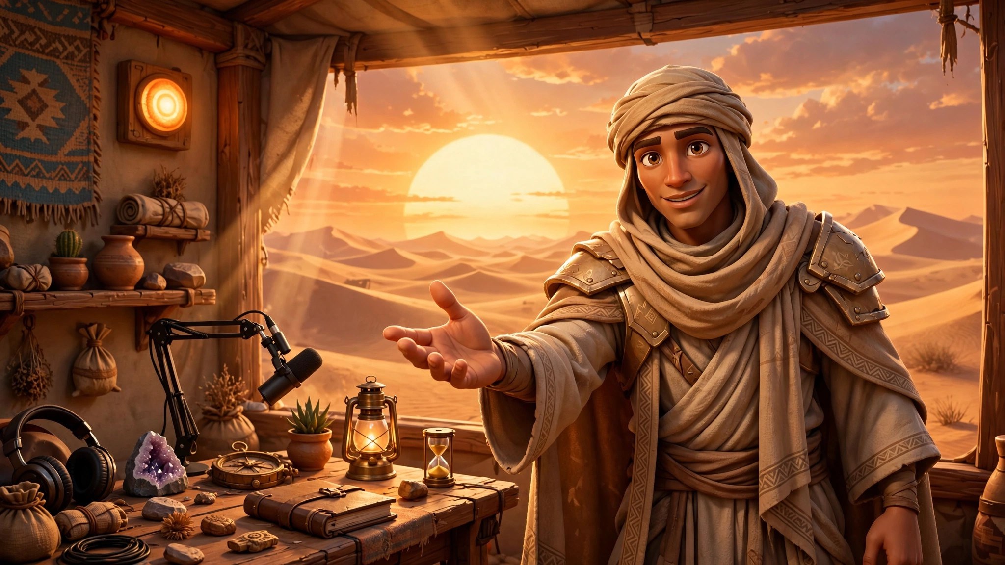 Wide banner: the animated desert-warrior character at a stream desk framed by dunes and a setting sun, on-air light glowing