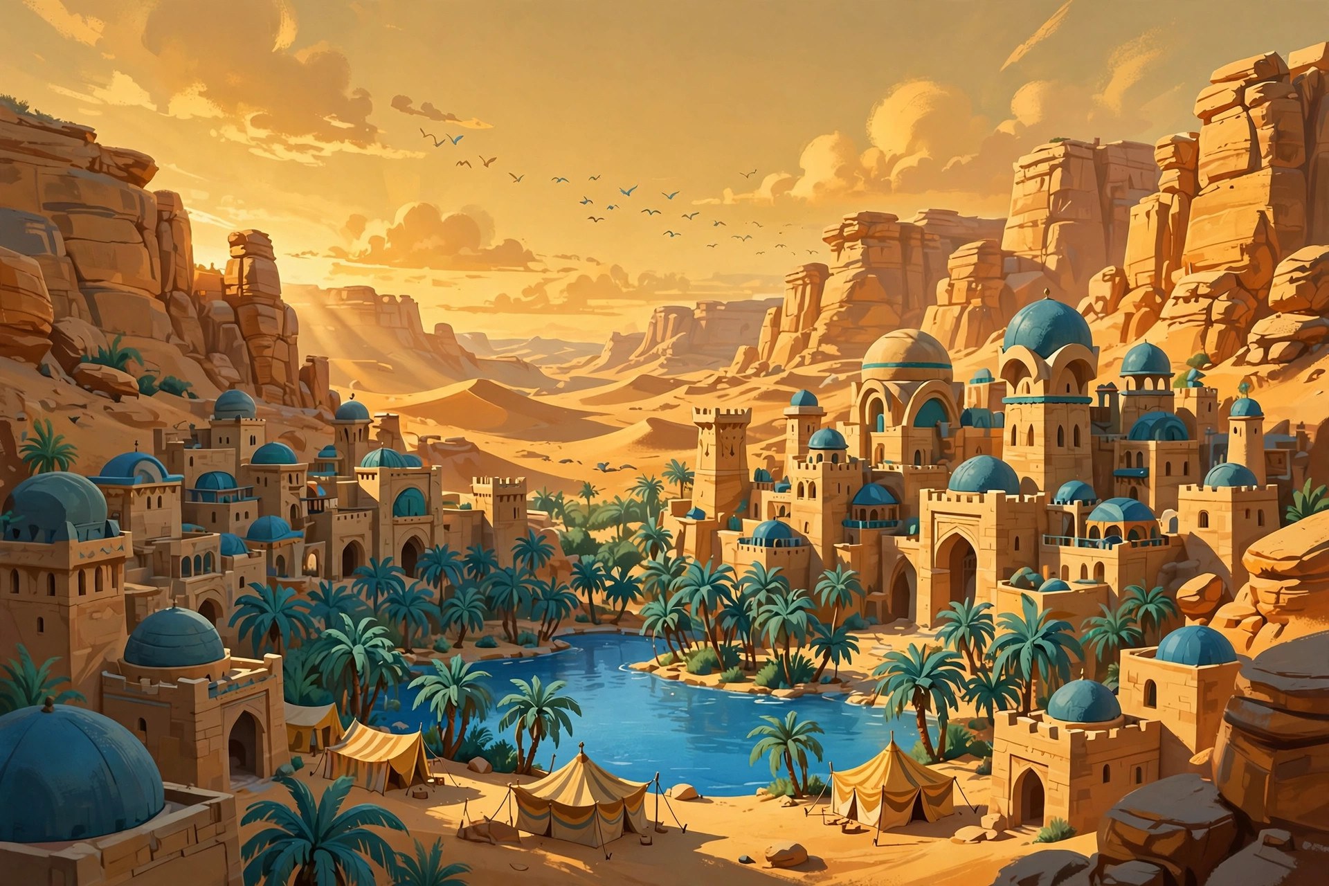 A fictional desert canyon oasis city: sandstone towers, palm groves and a blue spring at golden hour