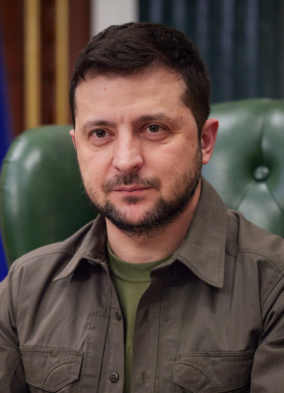 Portrait photograph of Volodymyr Zelenskyy in 2022 in an olive-drab shirt