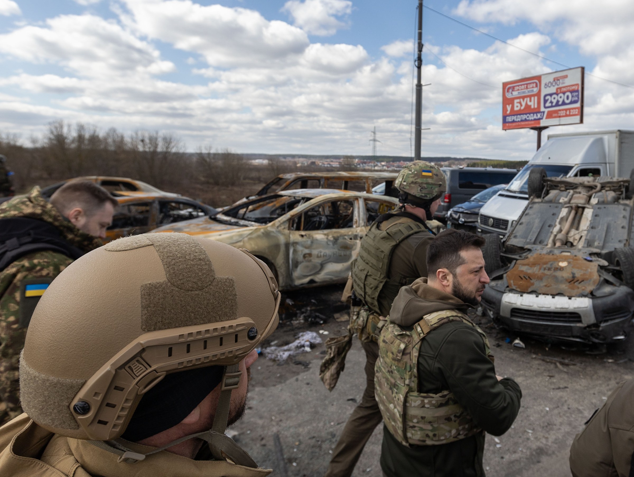 Volodymyr Zelenskyy in Bucha after the Russian withdrawal, April 2022