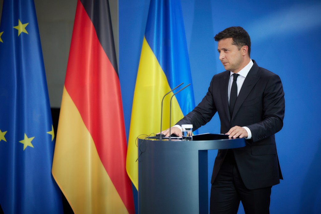 Volodymyr Zelenskyy speaking during a working visit to Germany, July 2021