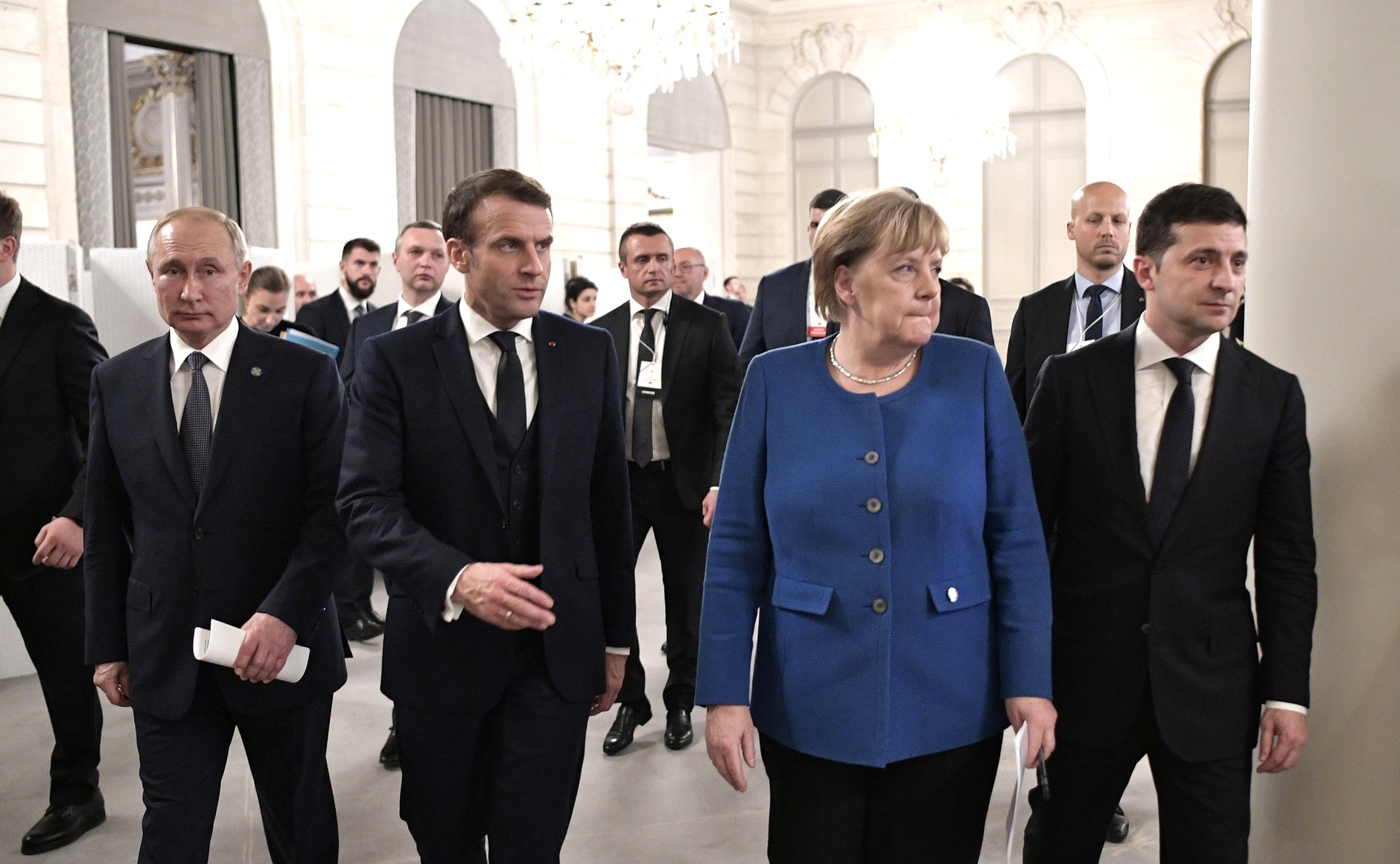 Putin, Macron, Merkel and Zelenskyy at the Normandy-format summit, Paris, 9 December 2019