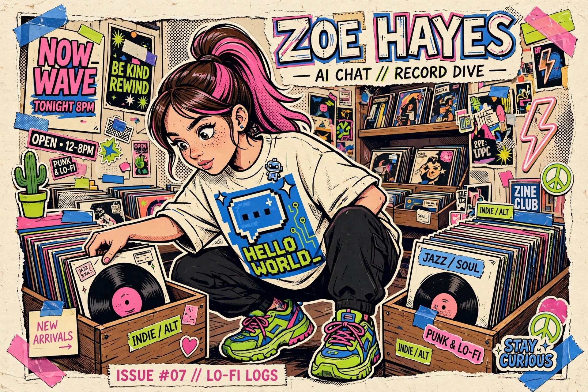 AI-generated illustration of Zoe Hayes in her favorite record store, flipping through vinyl