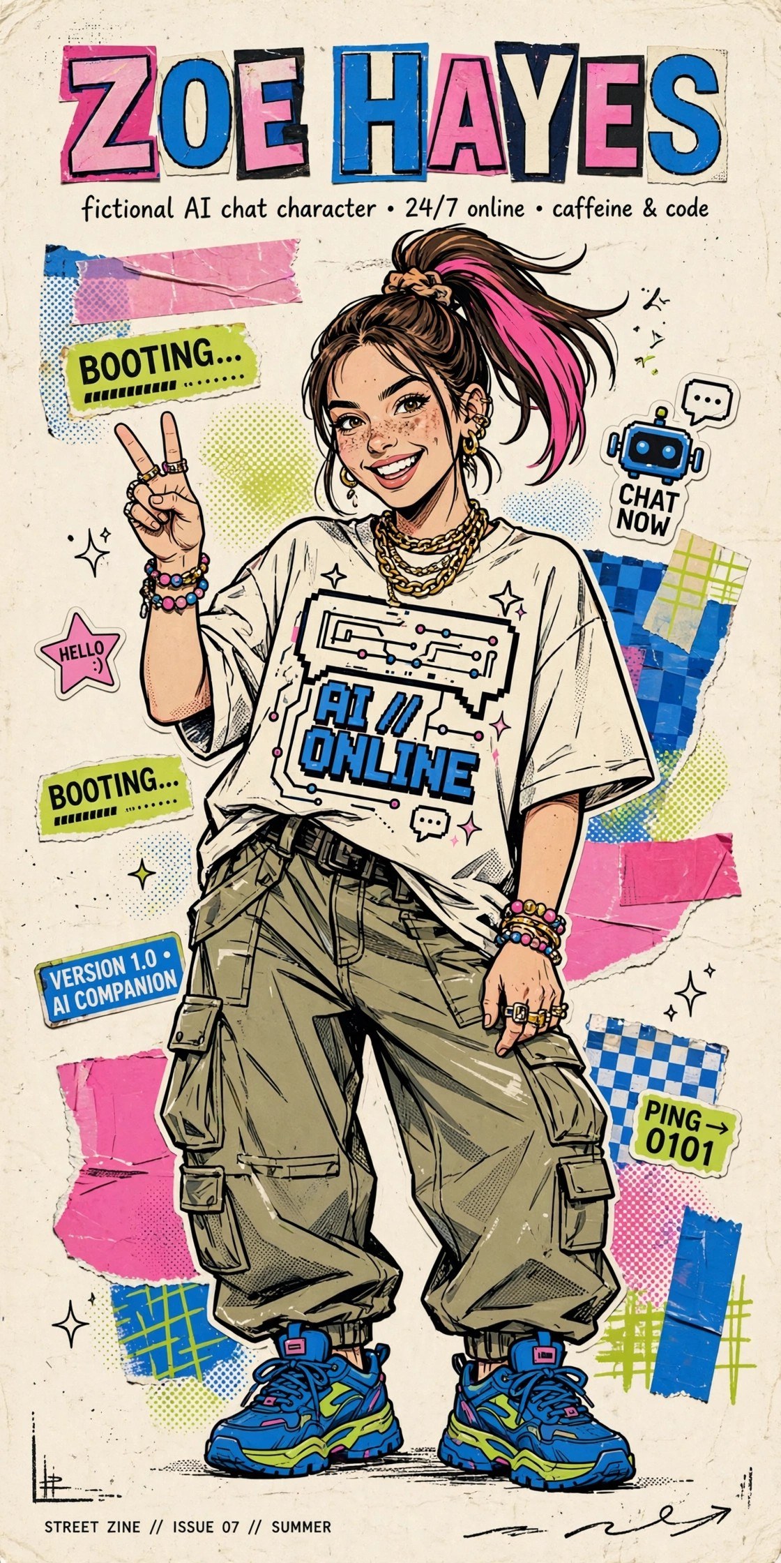AI-generated zine-style portrait of the fictional Vizlings character Zoe Hayes