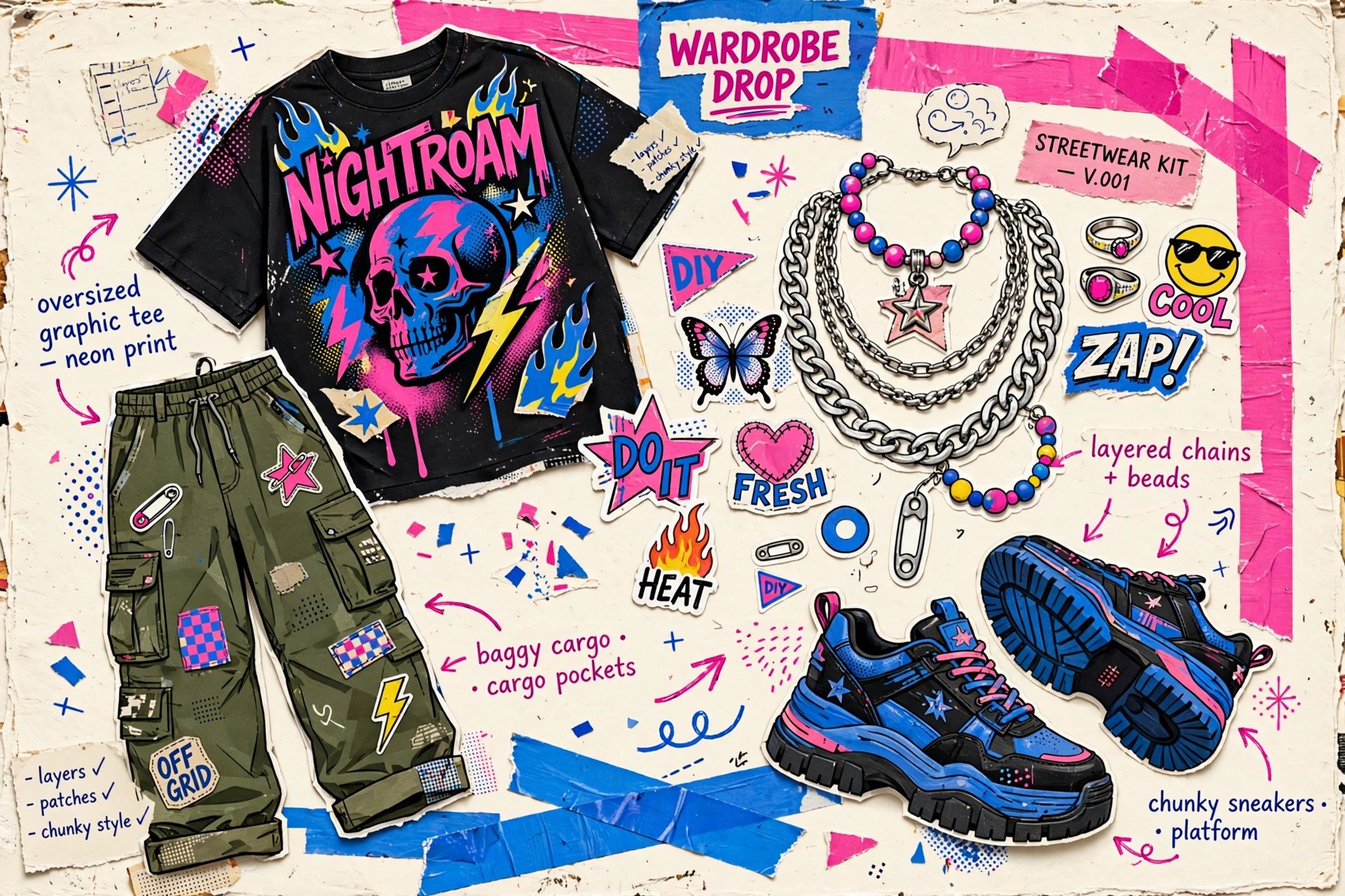 AI-generated collage of Zoe Hayes's streetwear outfits in zine style