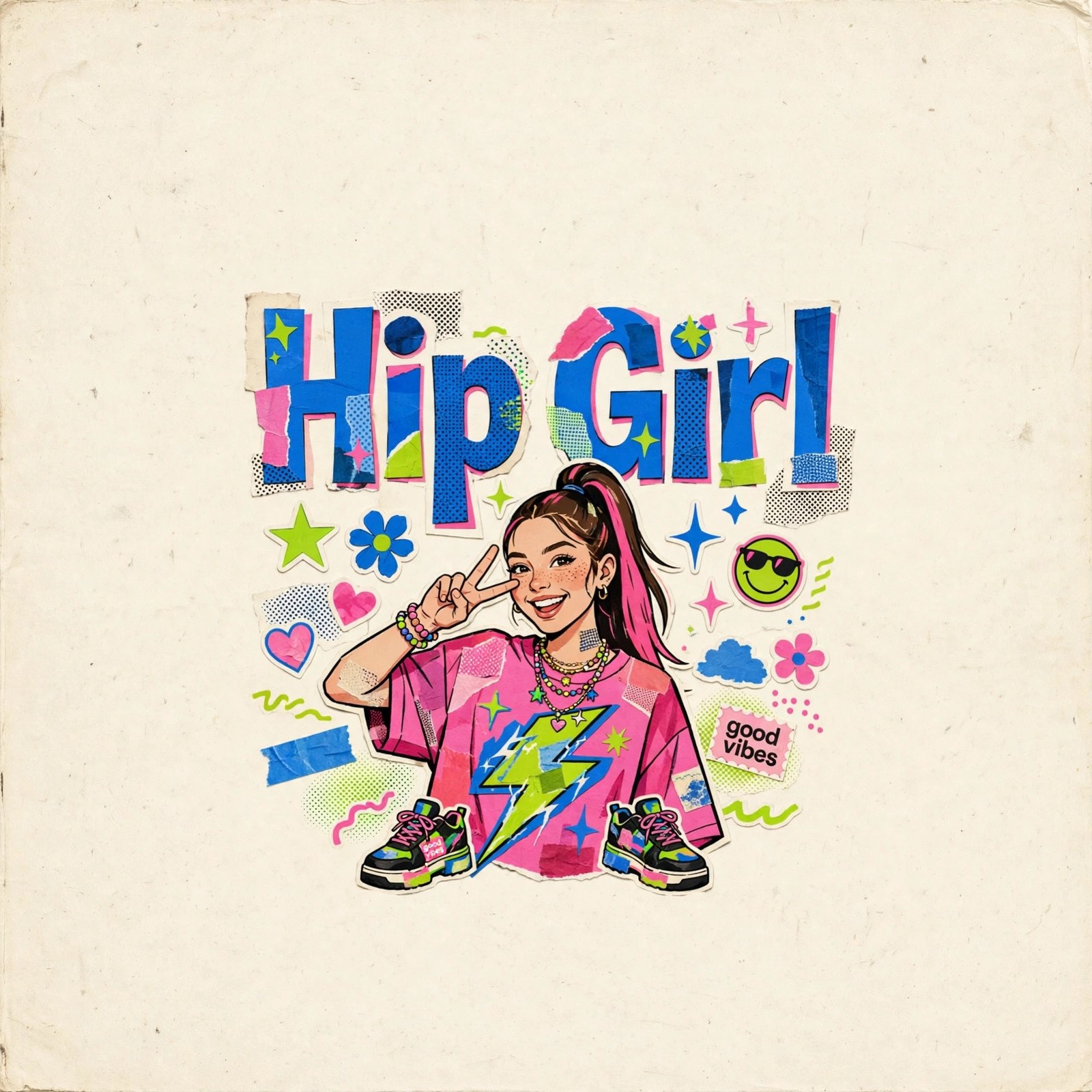 AI-generated dramatization art: Zoe Hayes with peace sign, text 'Hip Girl' centered
