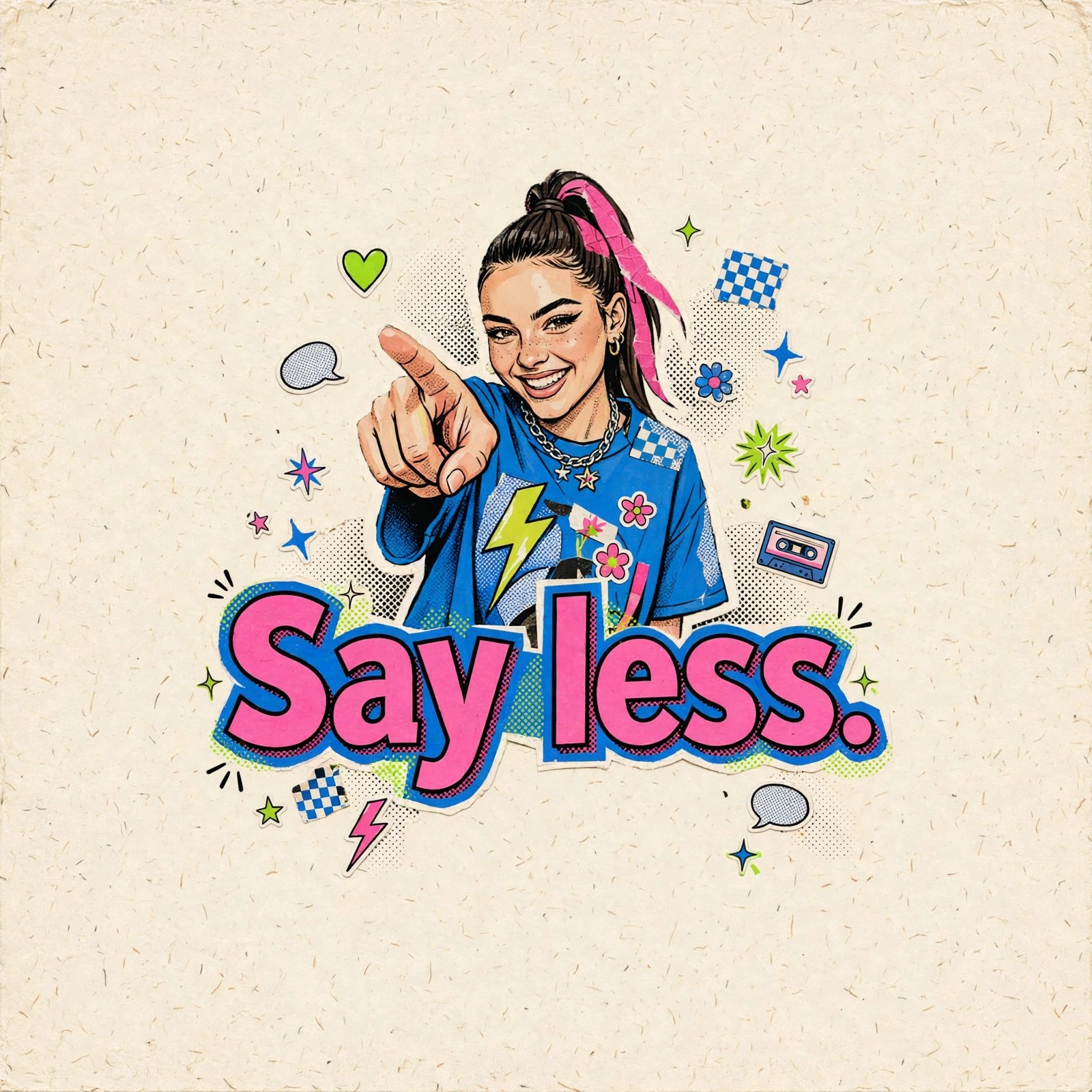 AI-generated dramatization art: Zoe Hayes pointing at the viewer, text 'Say less.' centered