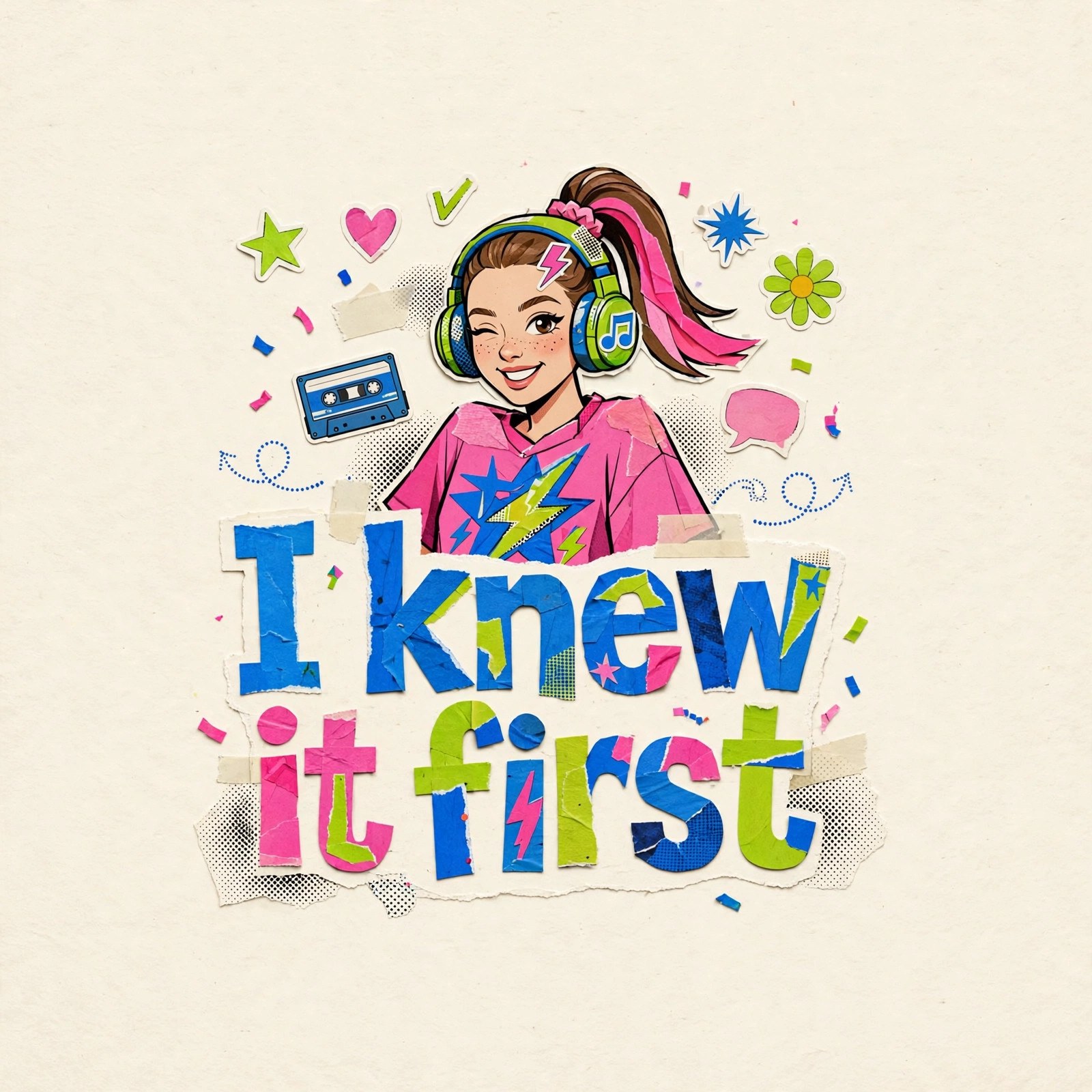AI-generated dramatization art: Zoe Hayes with headphones, text 'I knew it first' centered