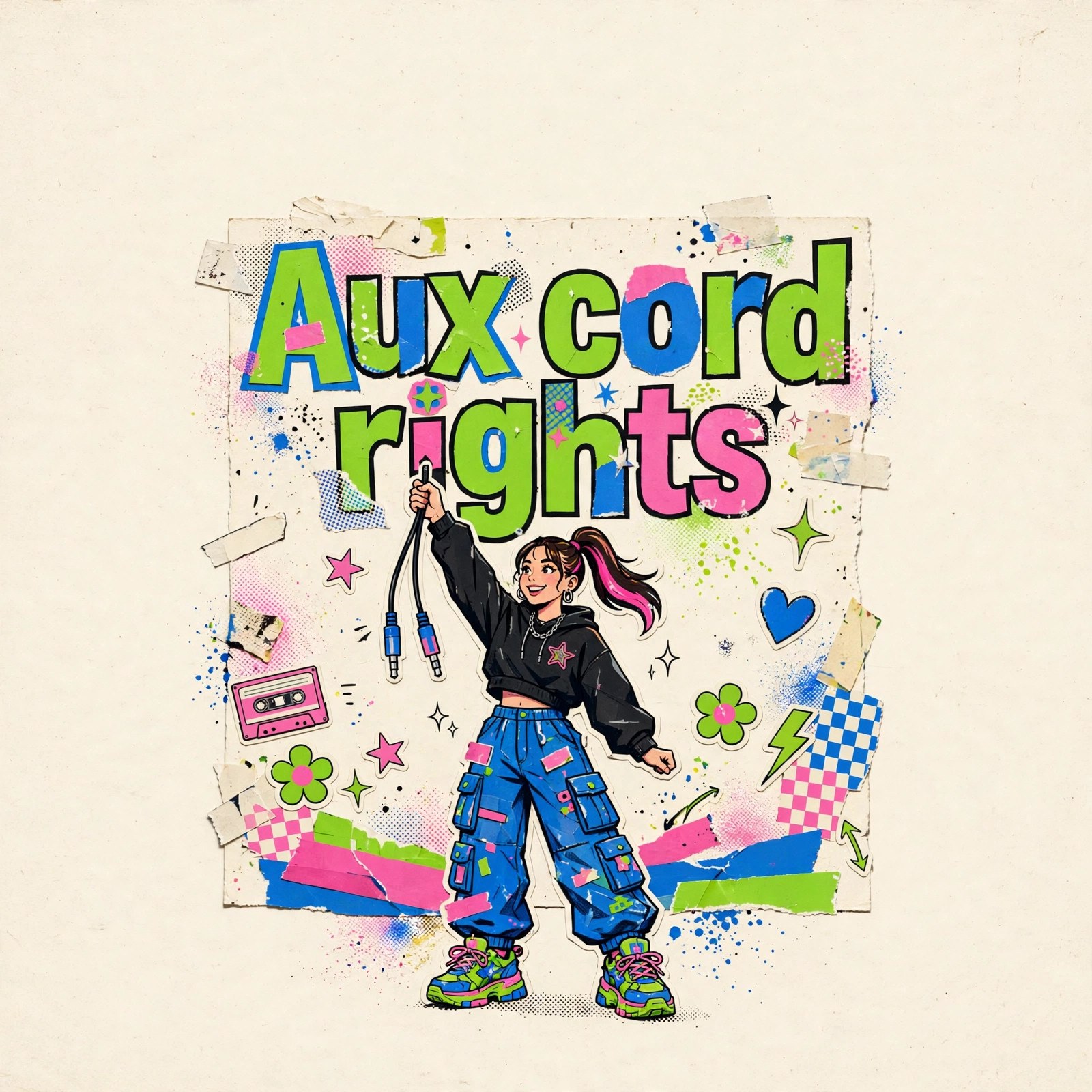 AI-generated dramatization art: Zoe Hayes holding the aux cord, text 'Aux cord rights' centered