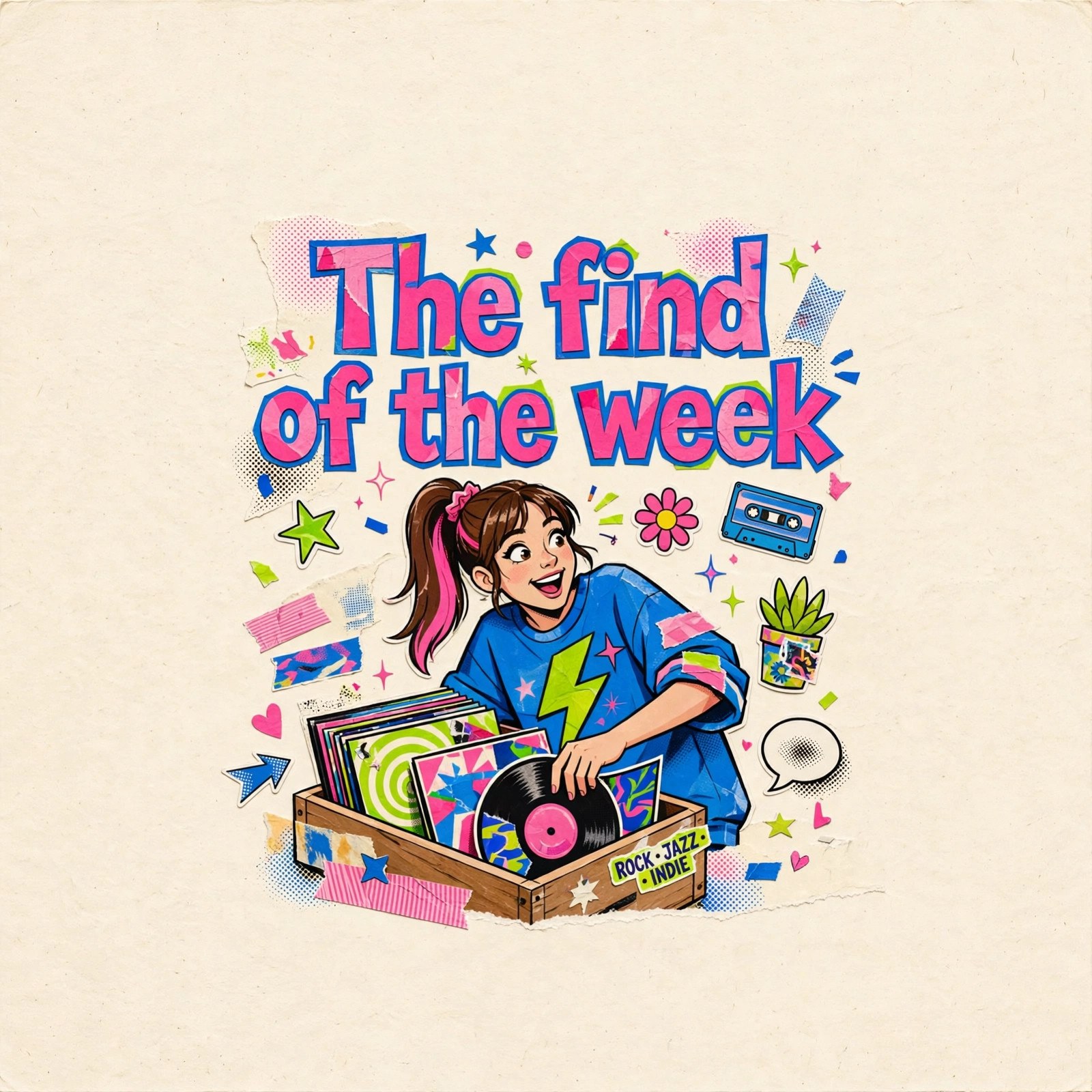 AI-generated dramatization art: Zoe Hayes flipping vinyl, text 'The find of the week' centered