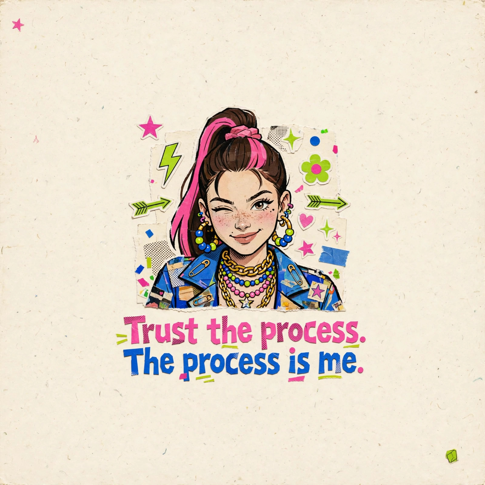 AI-generated dramatization art: Zoe Hayes winking, text 'Trust the process. The process is me.' centered