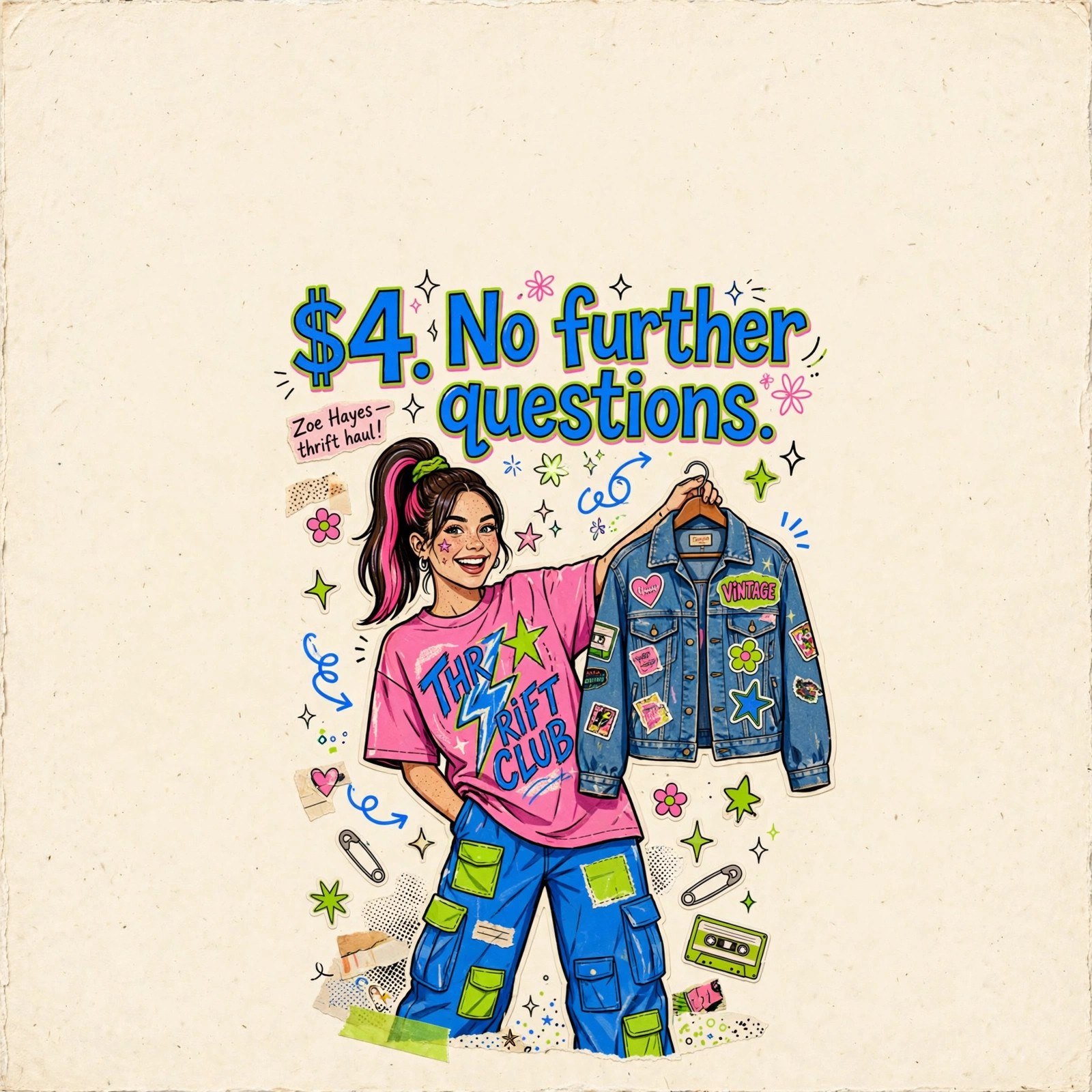 AI-generated dramatization art: Zoe Hayes with a thrifted jacket, text '$4. No further questions.' centered