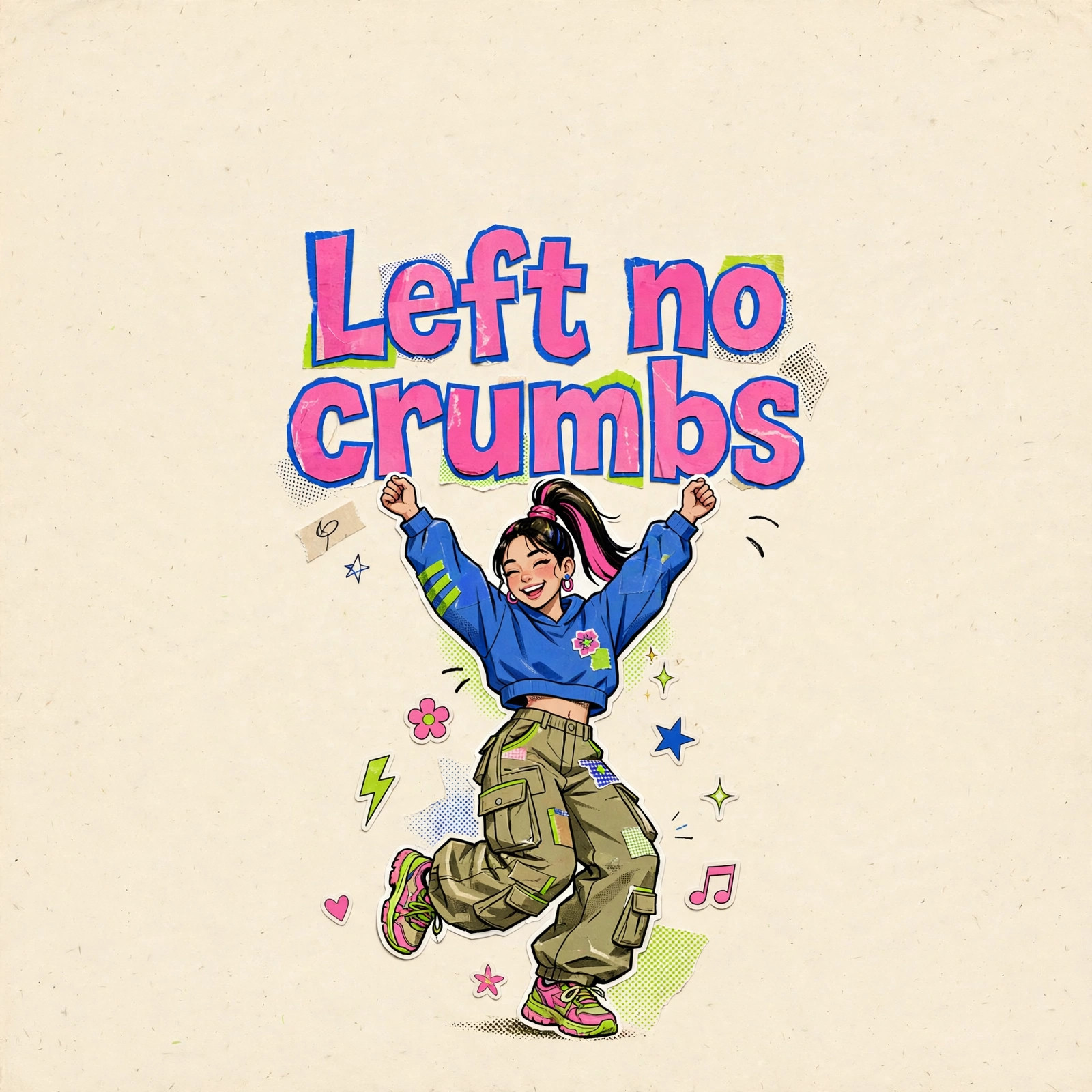 AI-generated dramatization art: Zoe Hayes mid-dance, text 'Left no crumbs' centered