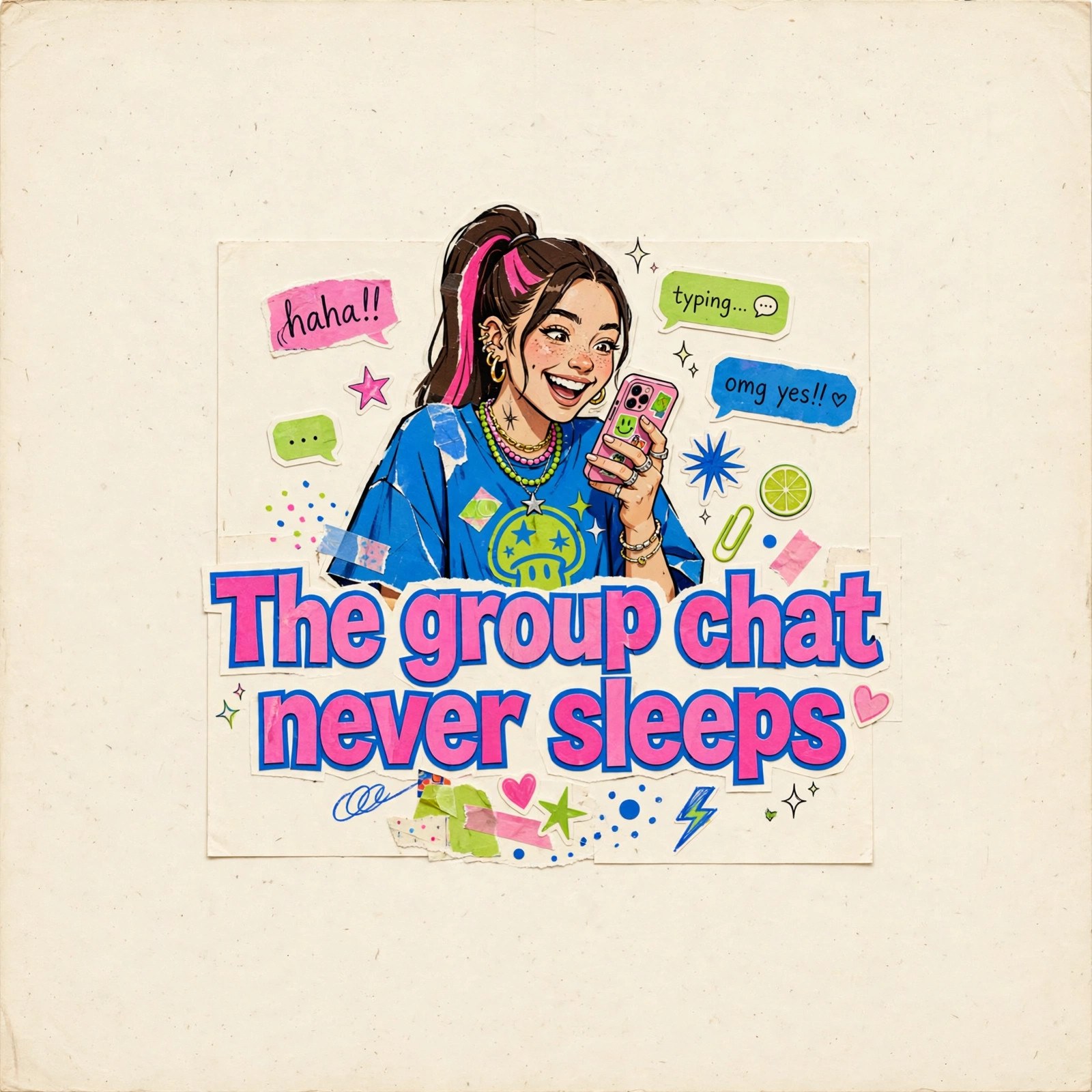 AI-generated dramatization art: Zoe Hayes texting, text 'The group chat never sleeps' centered