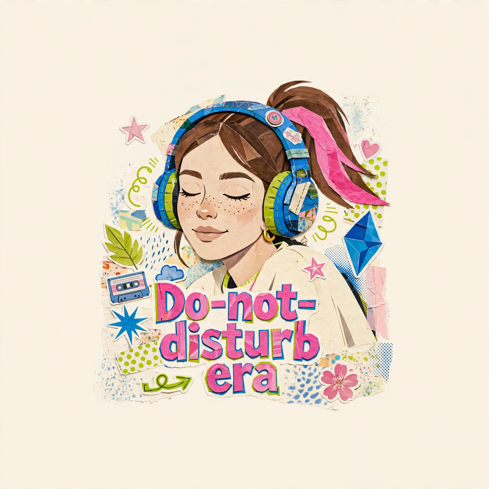 AI-generated dramatization art: Zoe Hayes with headphones on, eyes closed, text 'Do-not-disturb era' centered