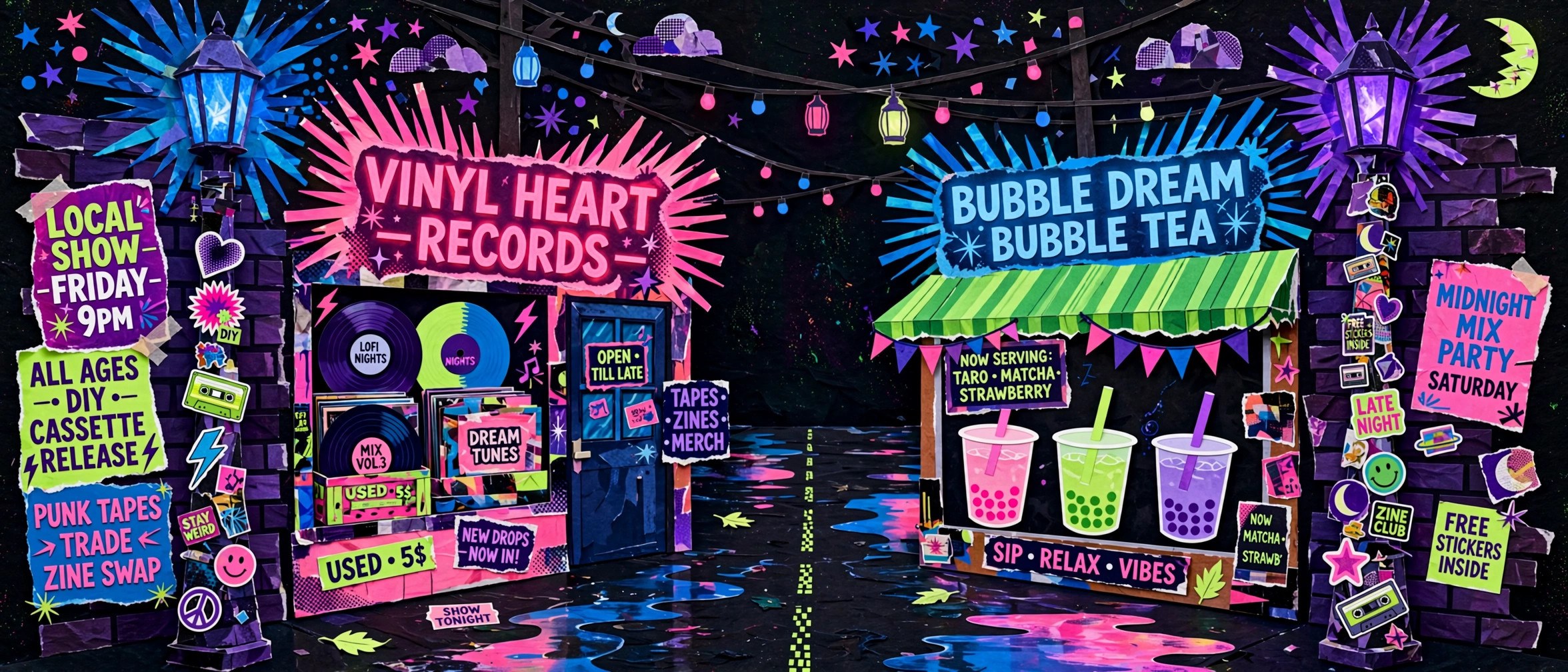 AI-generated zine-collage illustration of the neon city block Zoe Hayes hangs out on