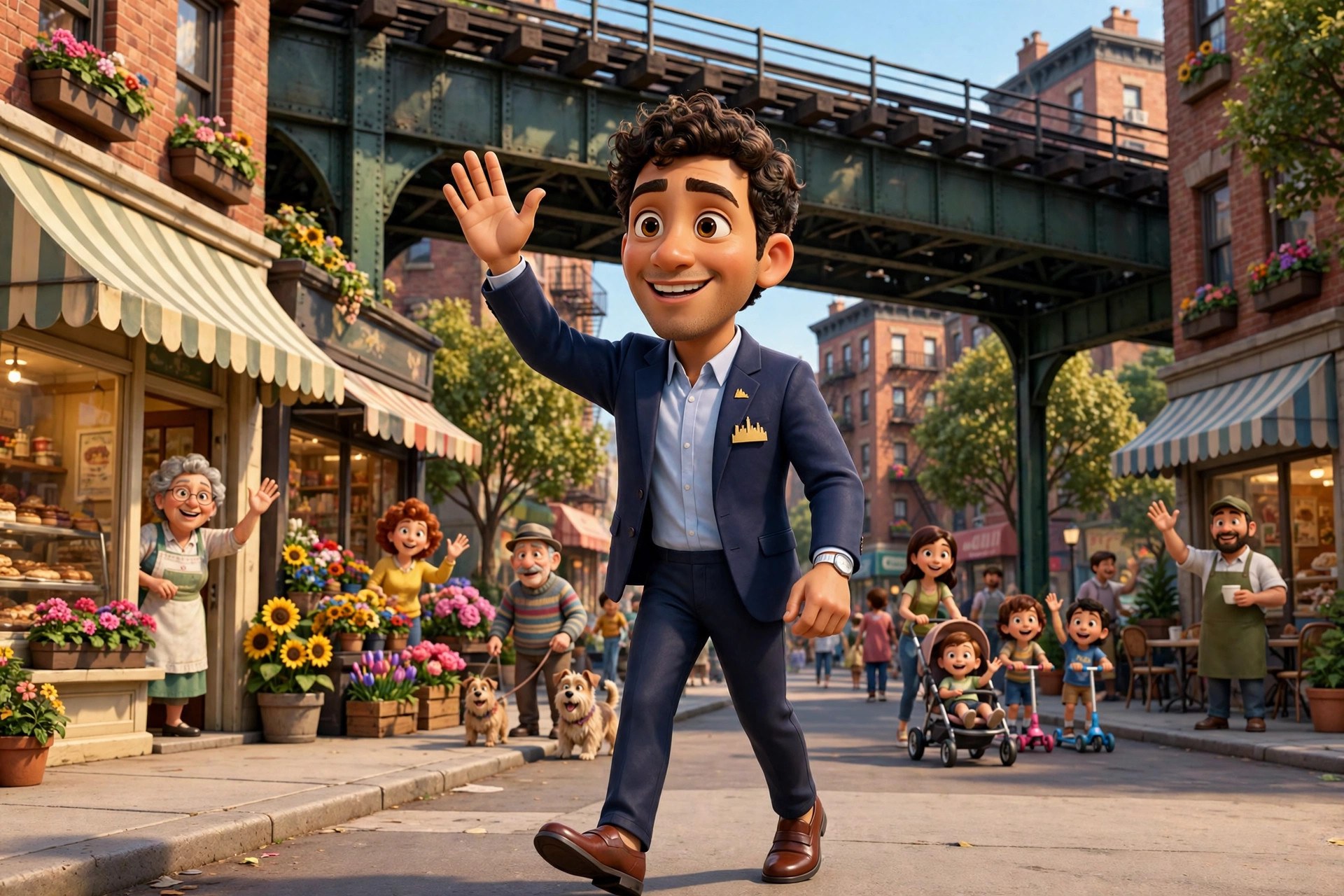 Cartoon dramatization of the animated Mamdani character greeting neighbors on an Astoria street