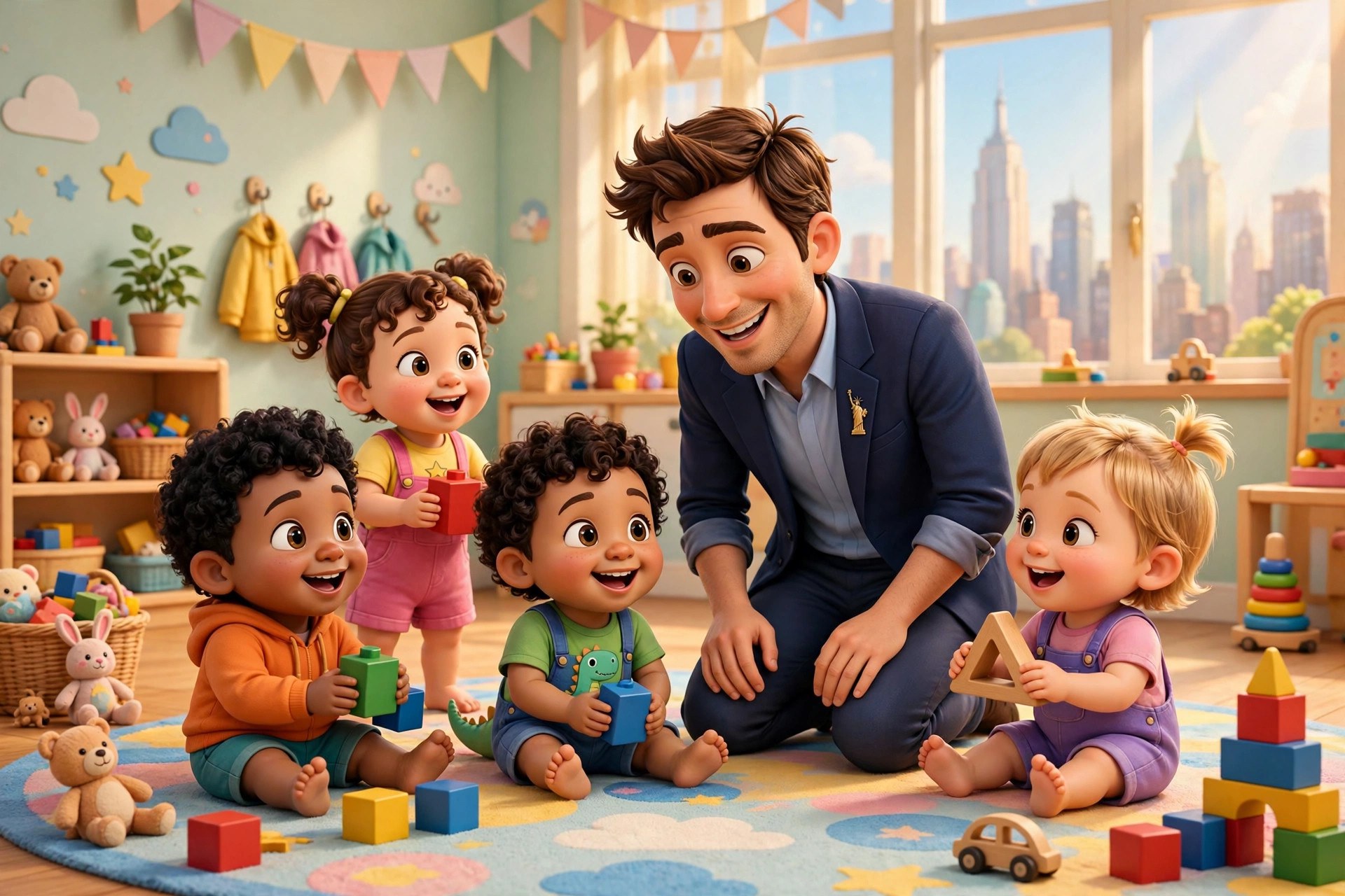 Cartoon dramatization of the animated Mamdani character at a universal childcare center
