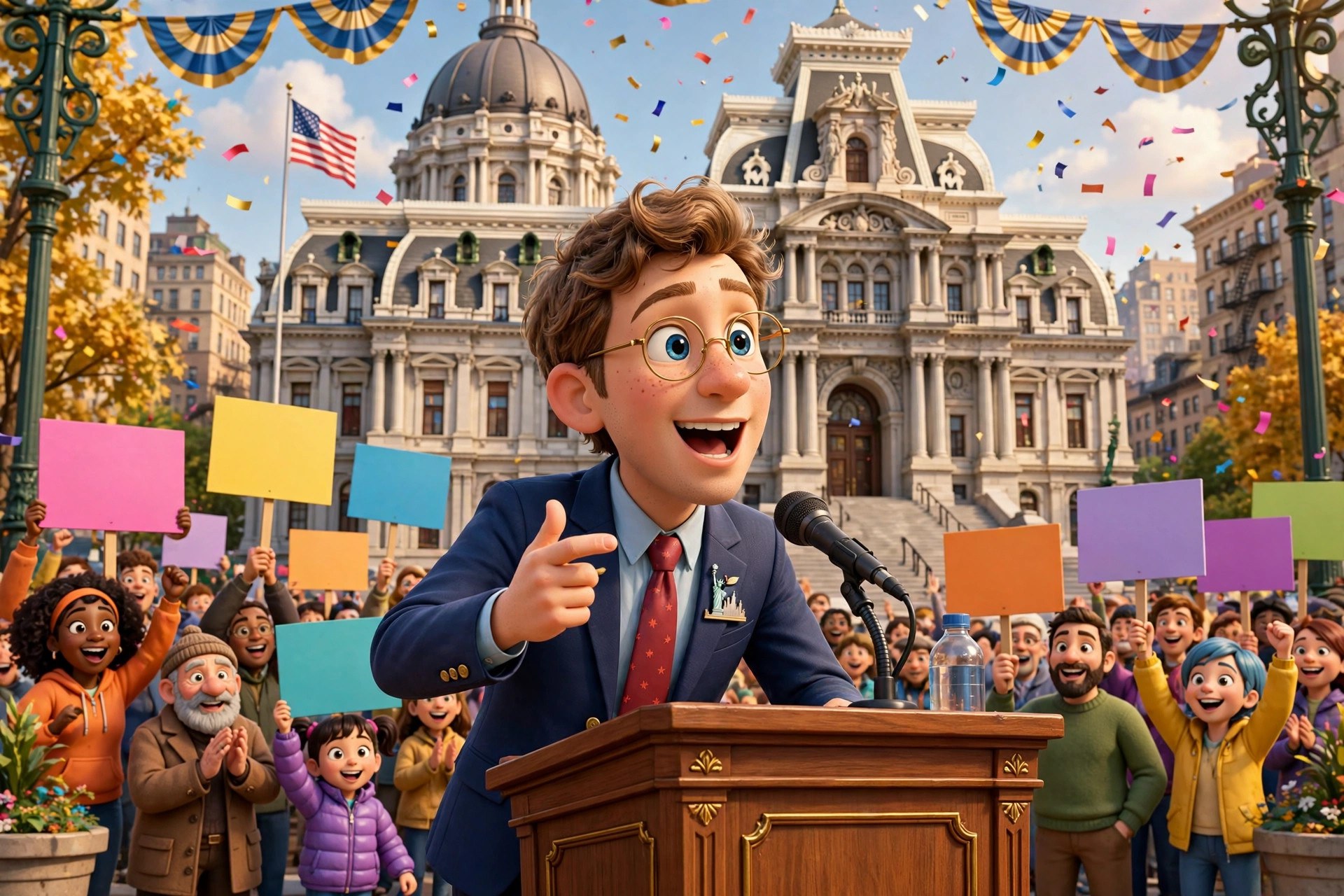 Cartoon dramatization of the character at a rally