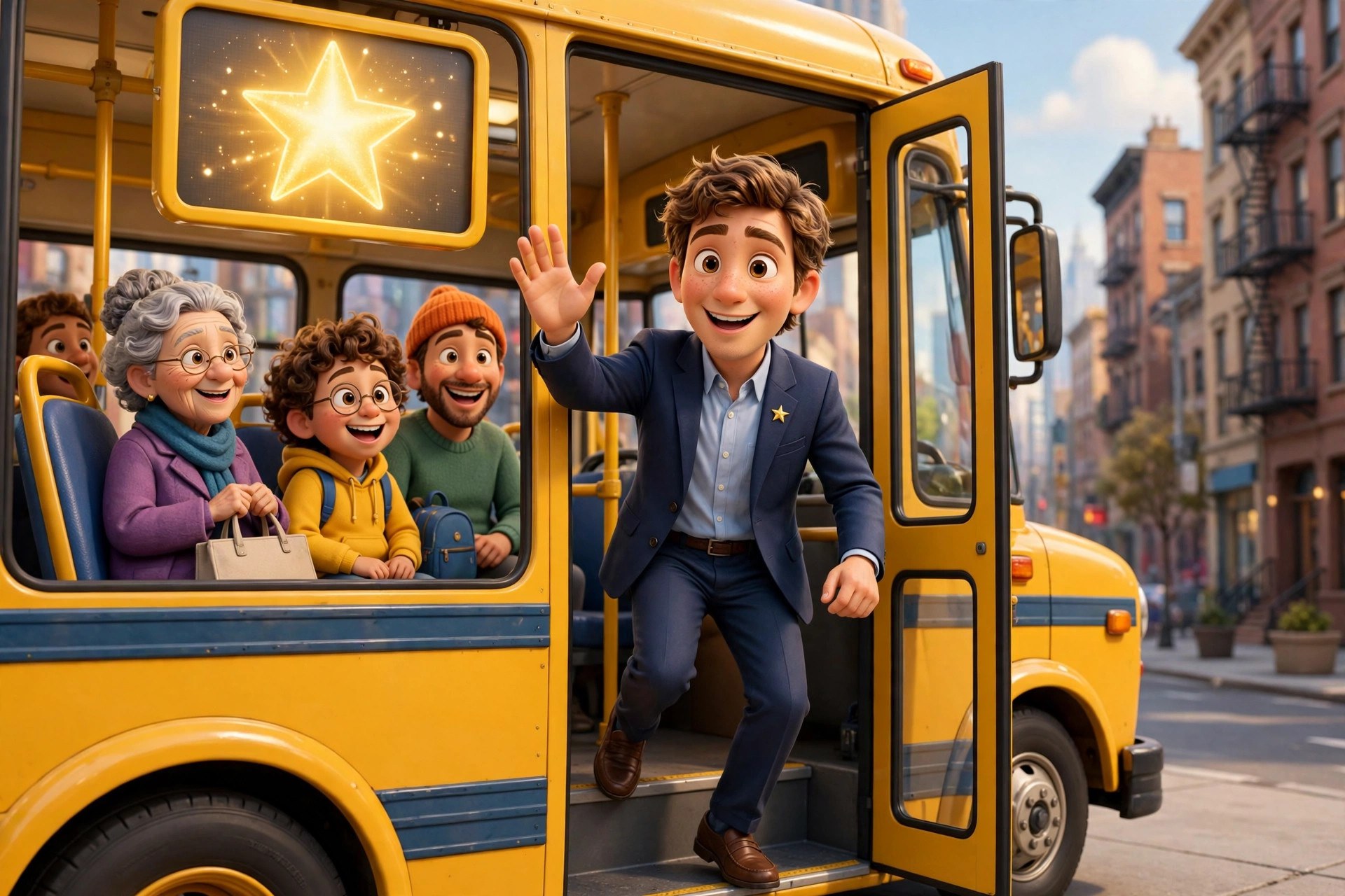 Cartoon dramatization of the animated Mamdani character aboard a fare-free city bus