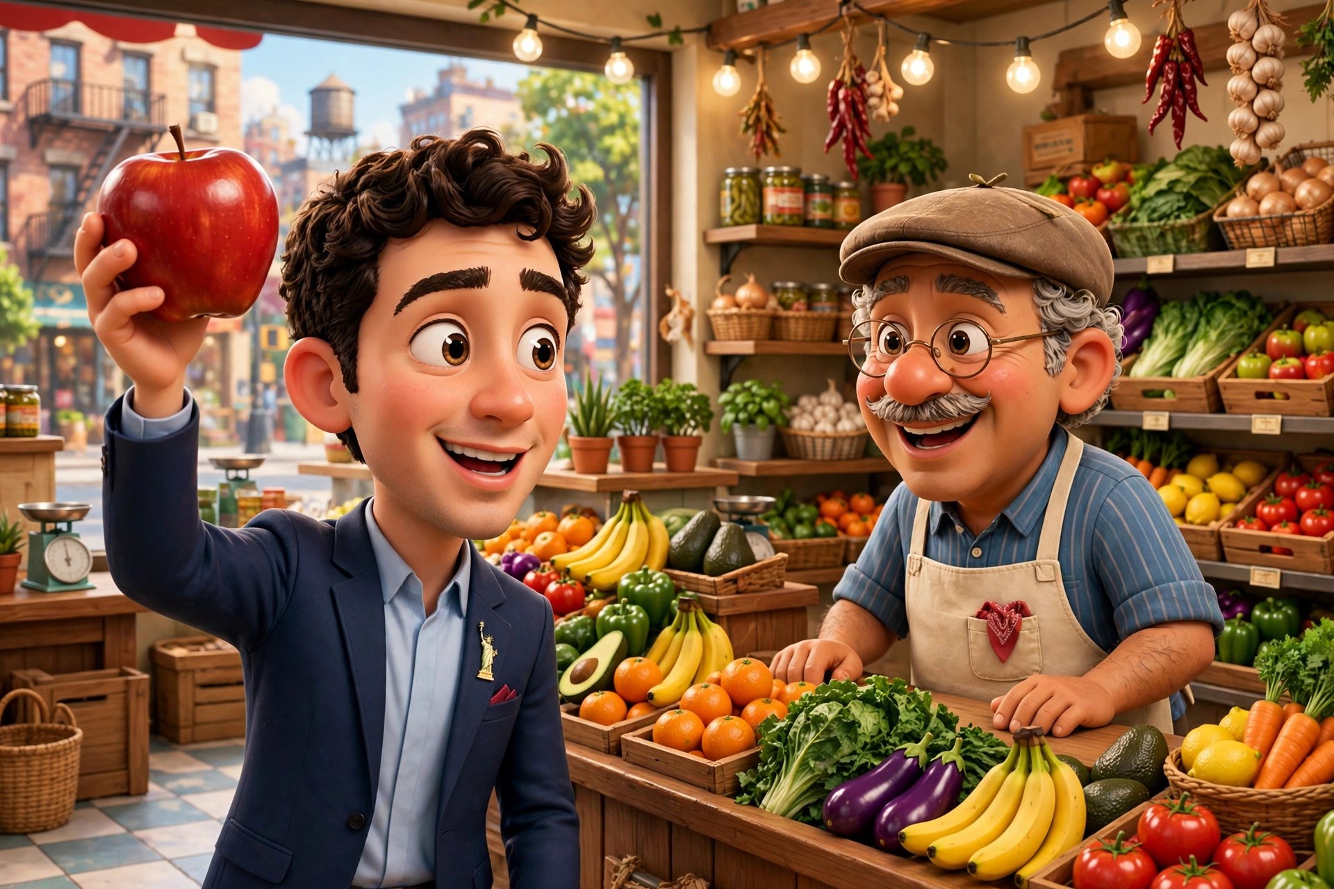 Cartoon dramatization of the animated Mamdani character at a city-owned grocery market