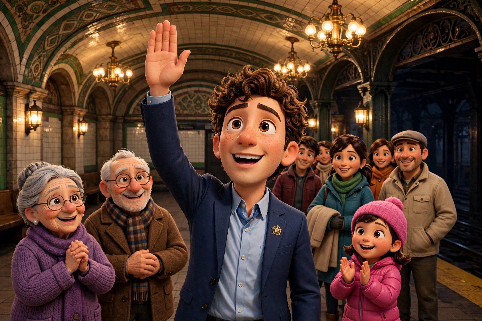 Cartoon dramatization of the animated Mamdani character at a subway-station inauguration